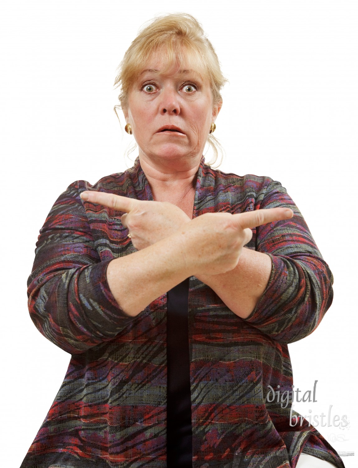 Confused mature woman pointing in opposite directions