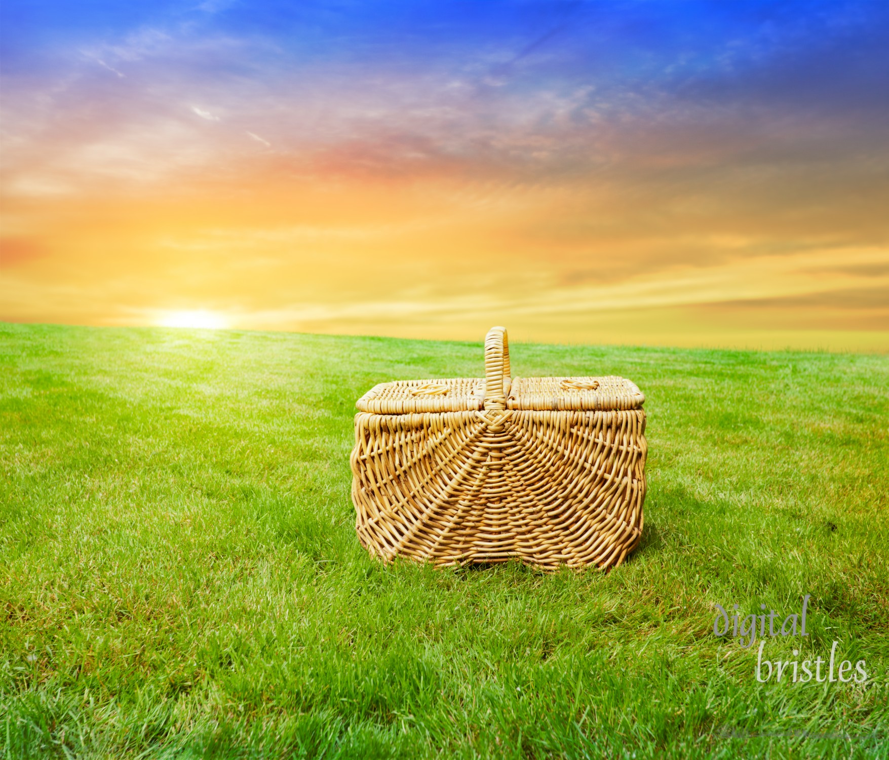 Wicker picnic baskt in field at sunrise