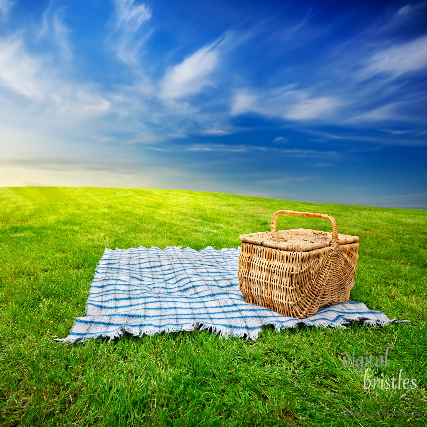 Picnic blanket and basket in the grass with dramatic twilight sky