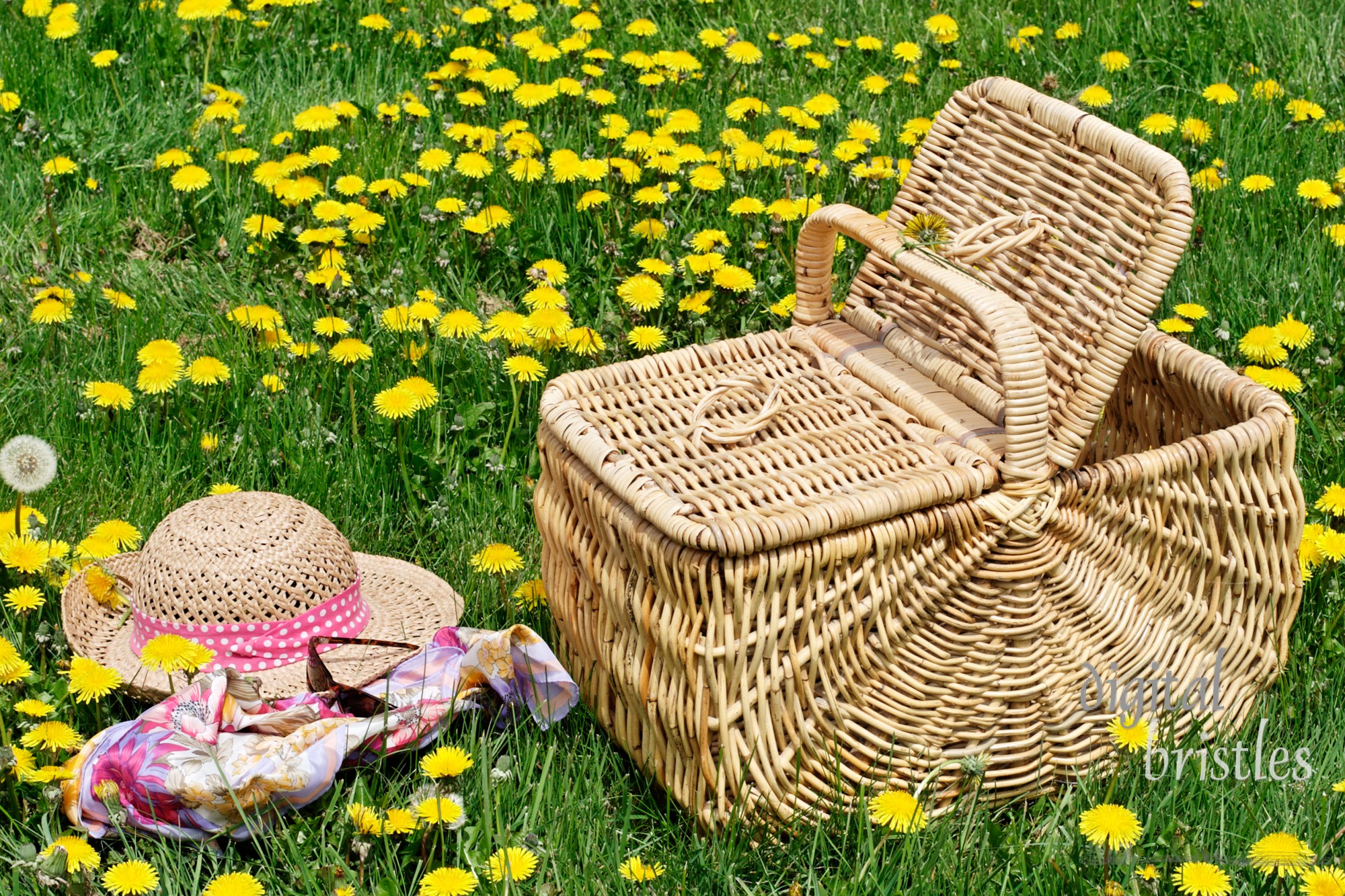 Hat, picnic basket, glasses & scarf in a meadow