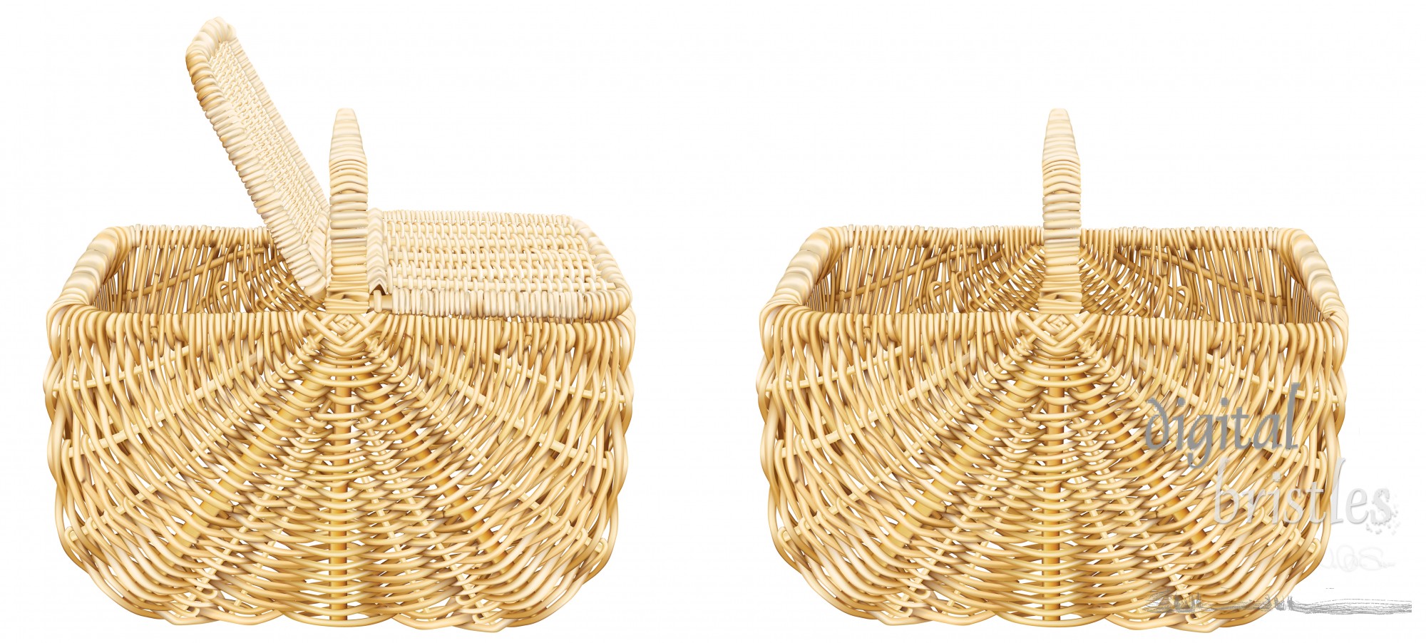 Wicker picnic baskets, with and without lids, isolated