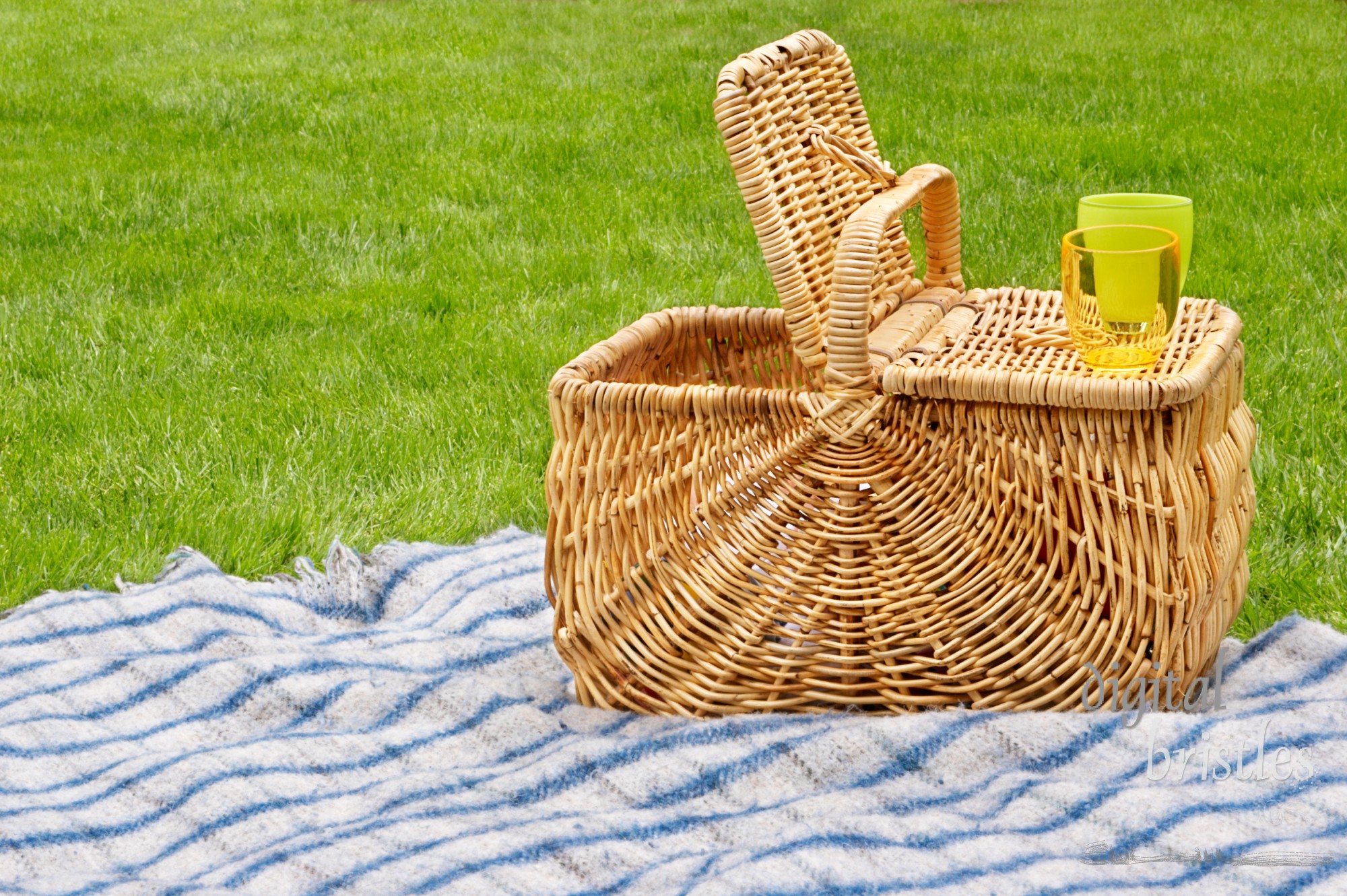 Picnic basket on blanket with drink glasses on the lid