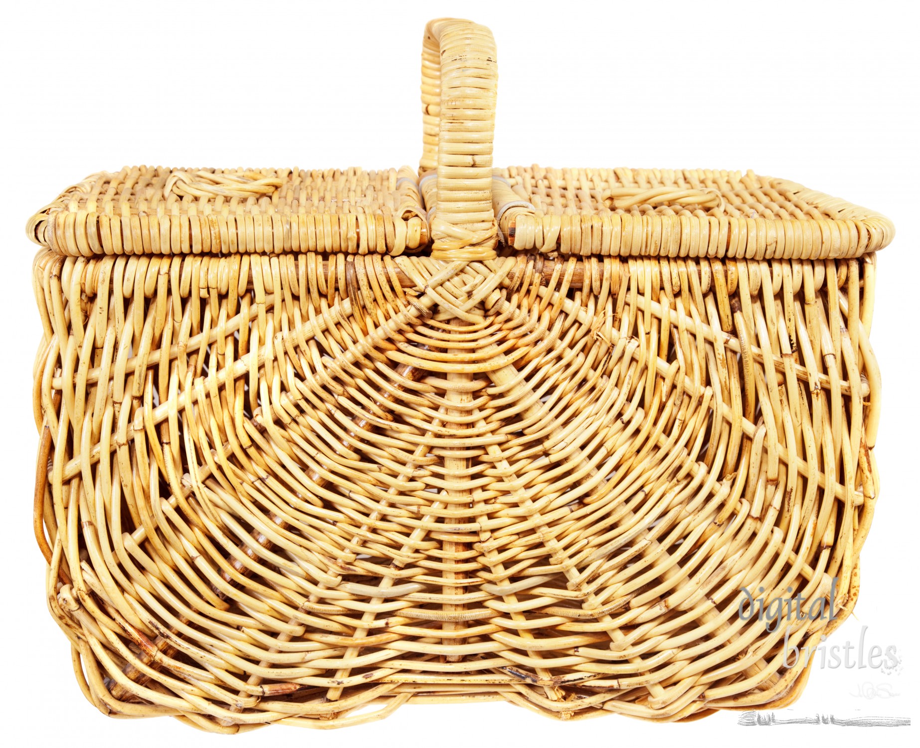 Isolated wicker picnic basket, lid closed