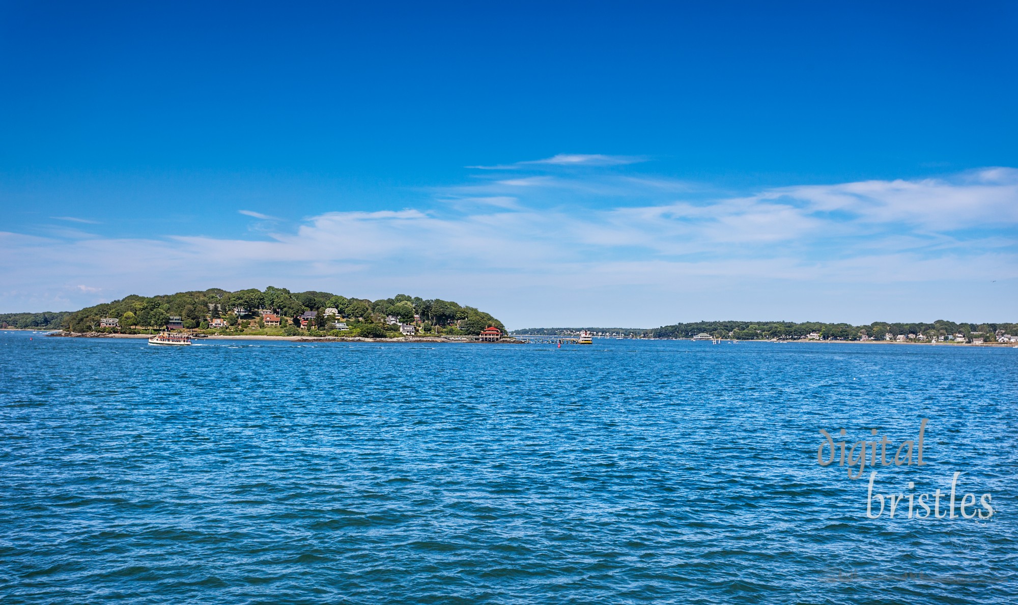 Boats running around Little Diamond Island and Peaks Island in Casco Bay, Portland, Maine