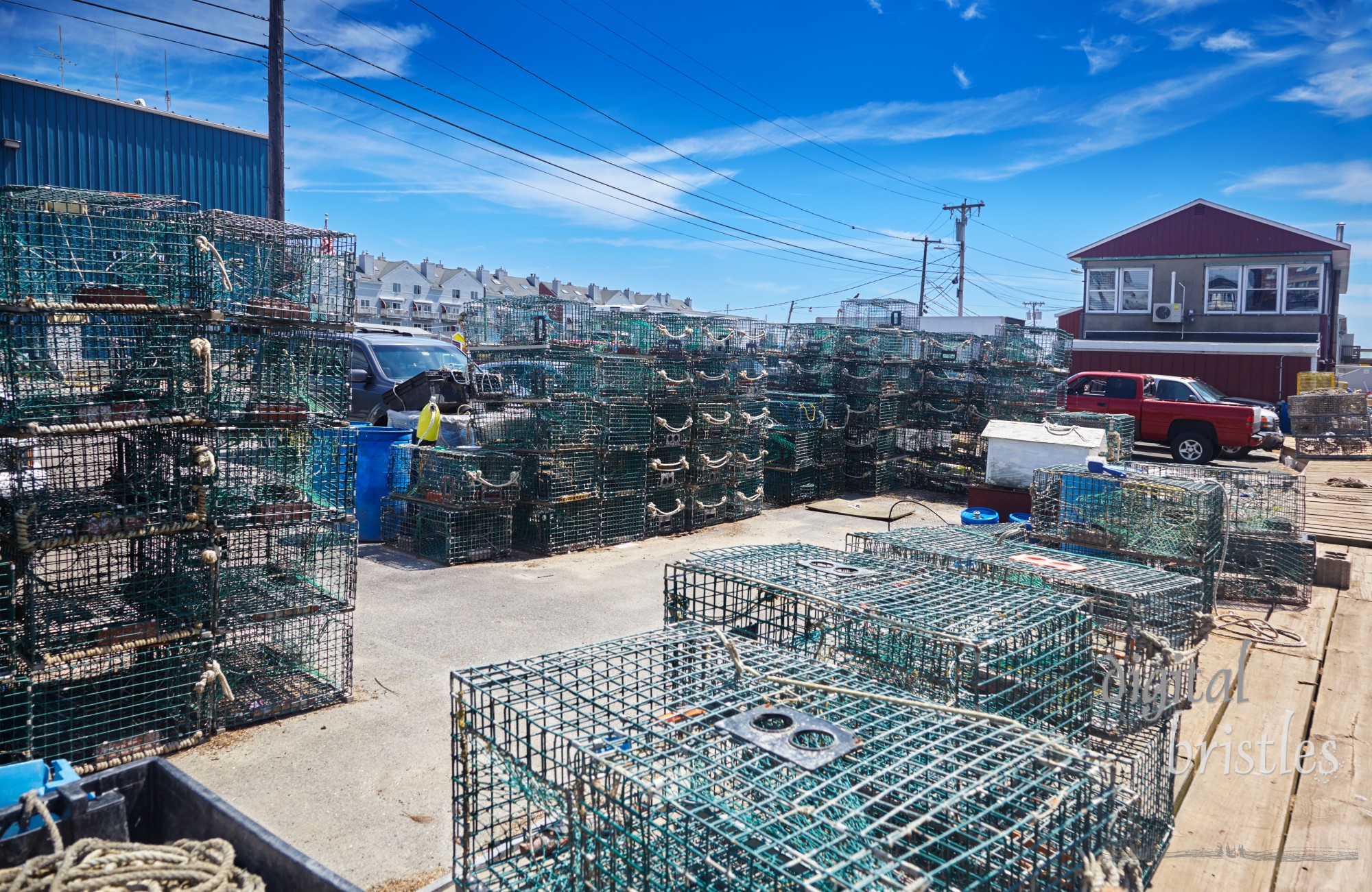 Lobster traps line the docks on Union Wharf in Portland's Old Port waterfront