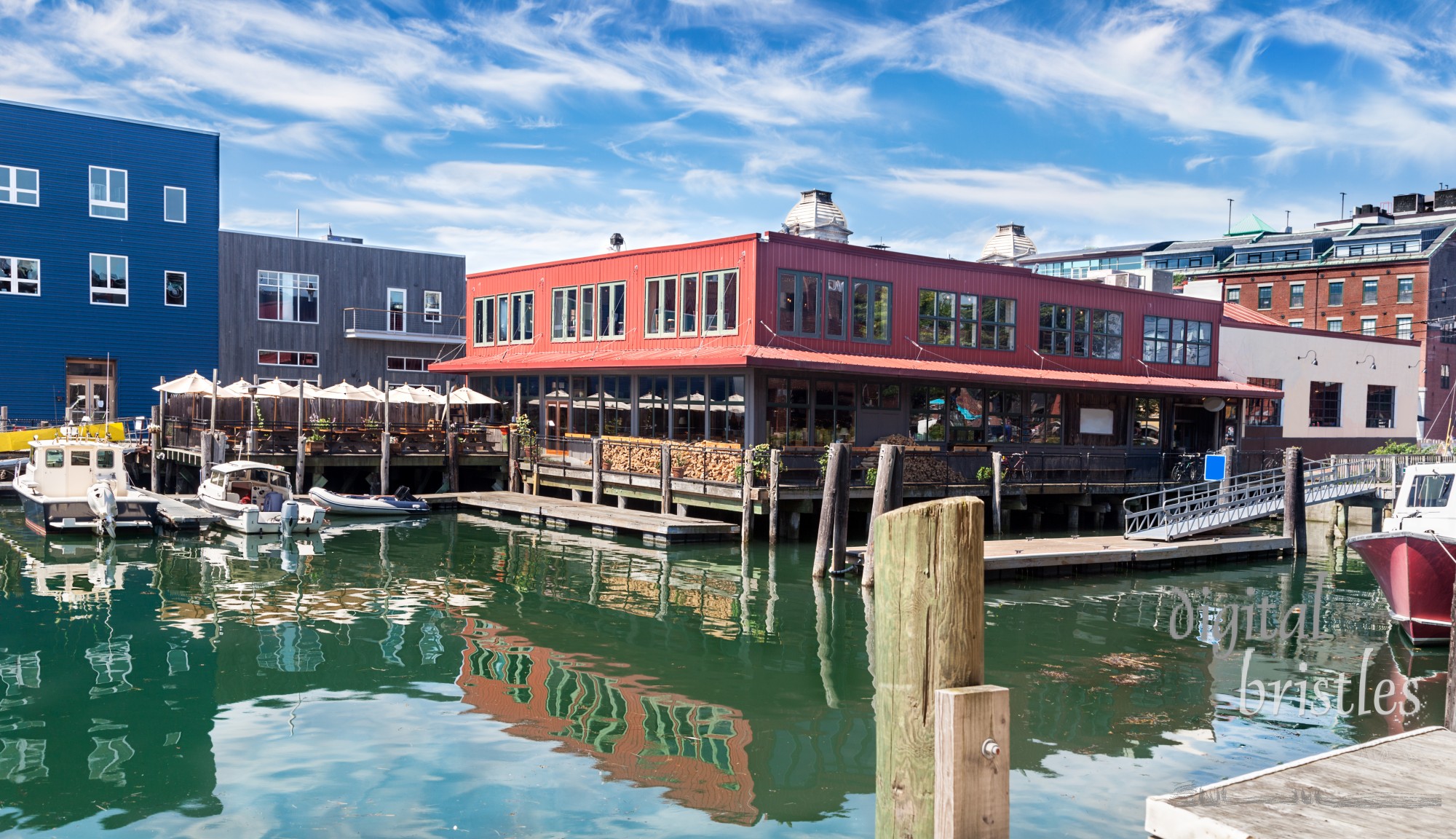 Restaurant and docks in Old Port, Portland, Maine