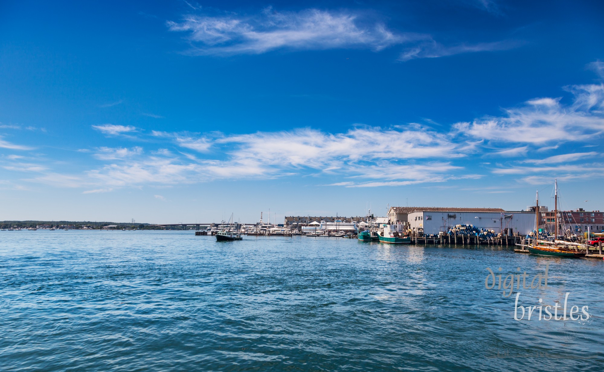 Wharves of Portland's busy working waterfront with the Casco Bay Bridge in the background