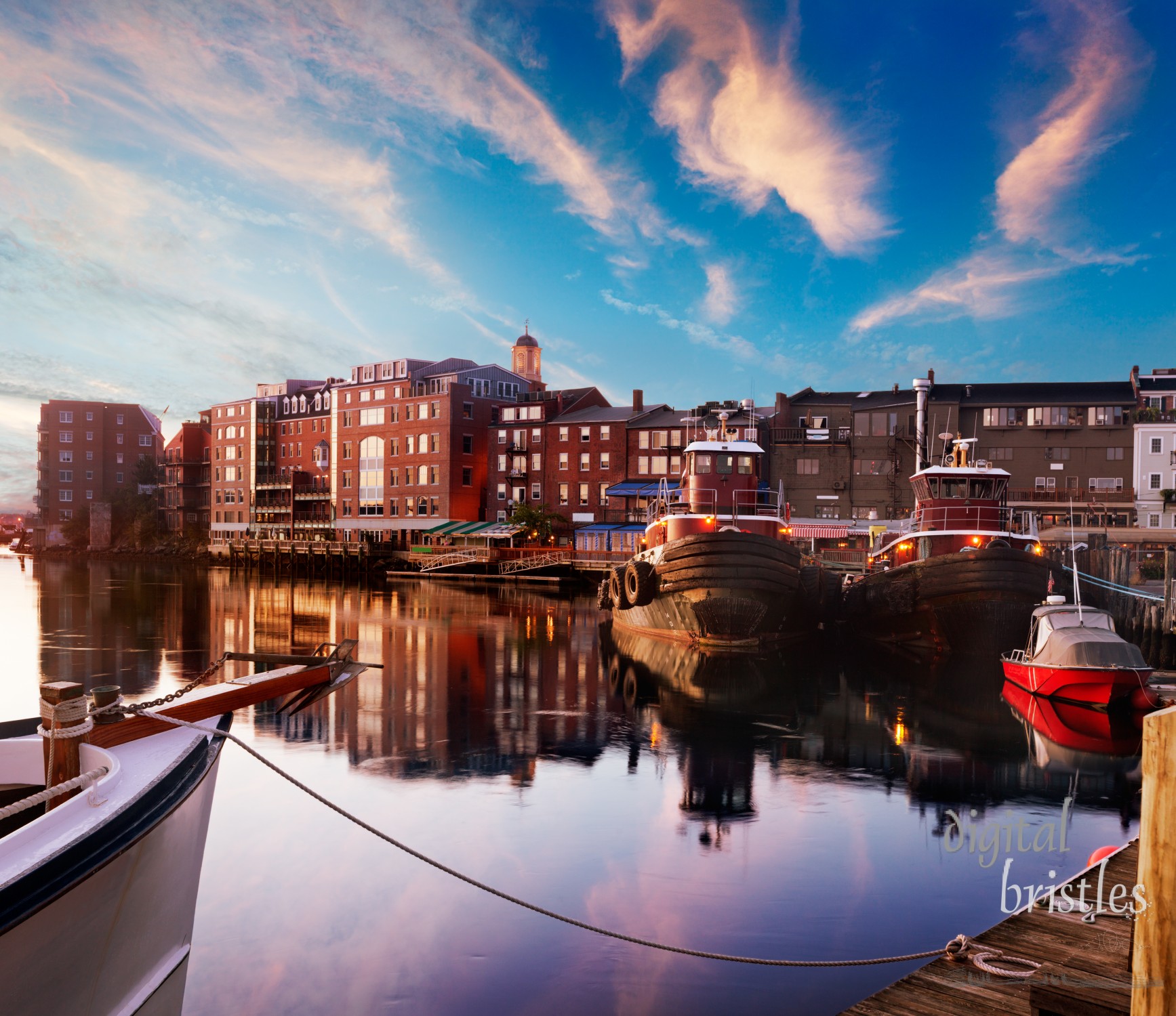 First light on the tugboats and waterfront, Piscataqua River, Portsmouth, New Hampshire