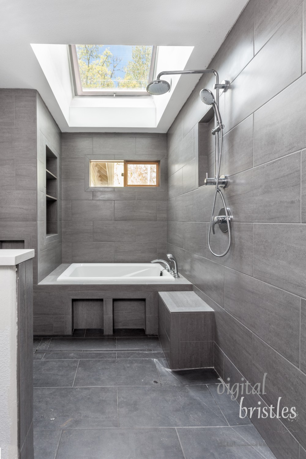 Wet room tile finished, with bathtub, shower and faucet installed