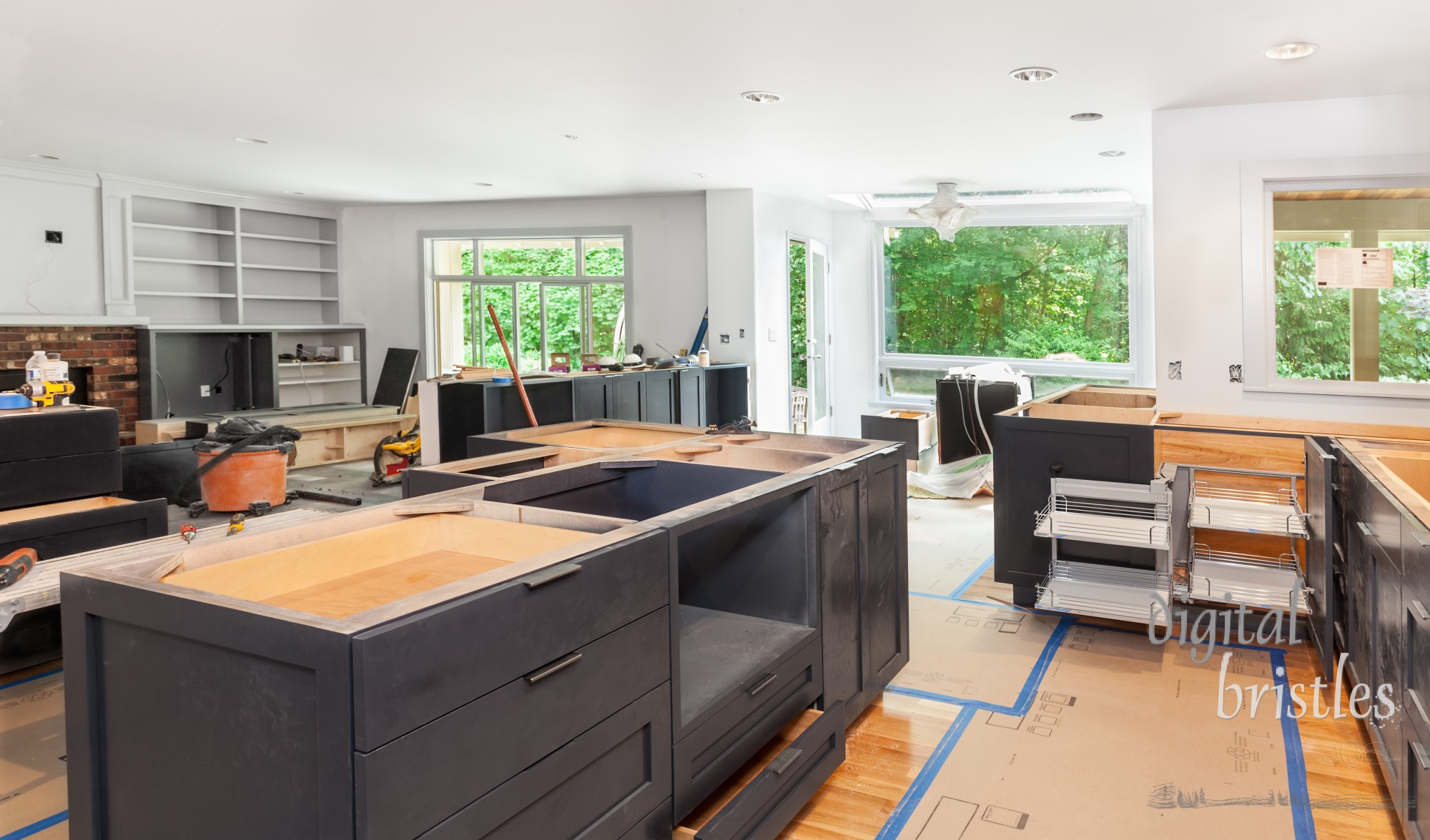 Blind corner cabinet, island drawers and counter cabinets installed