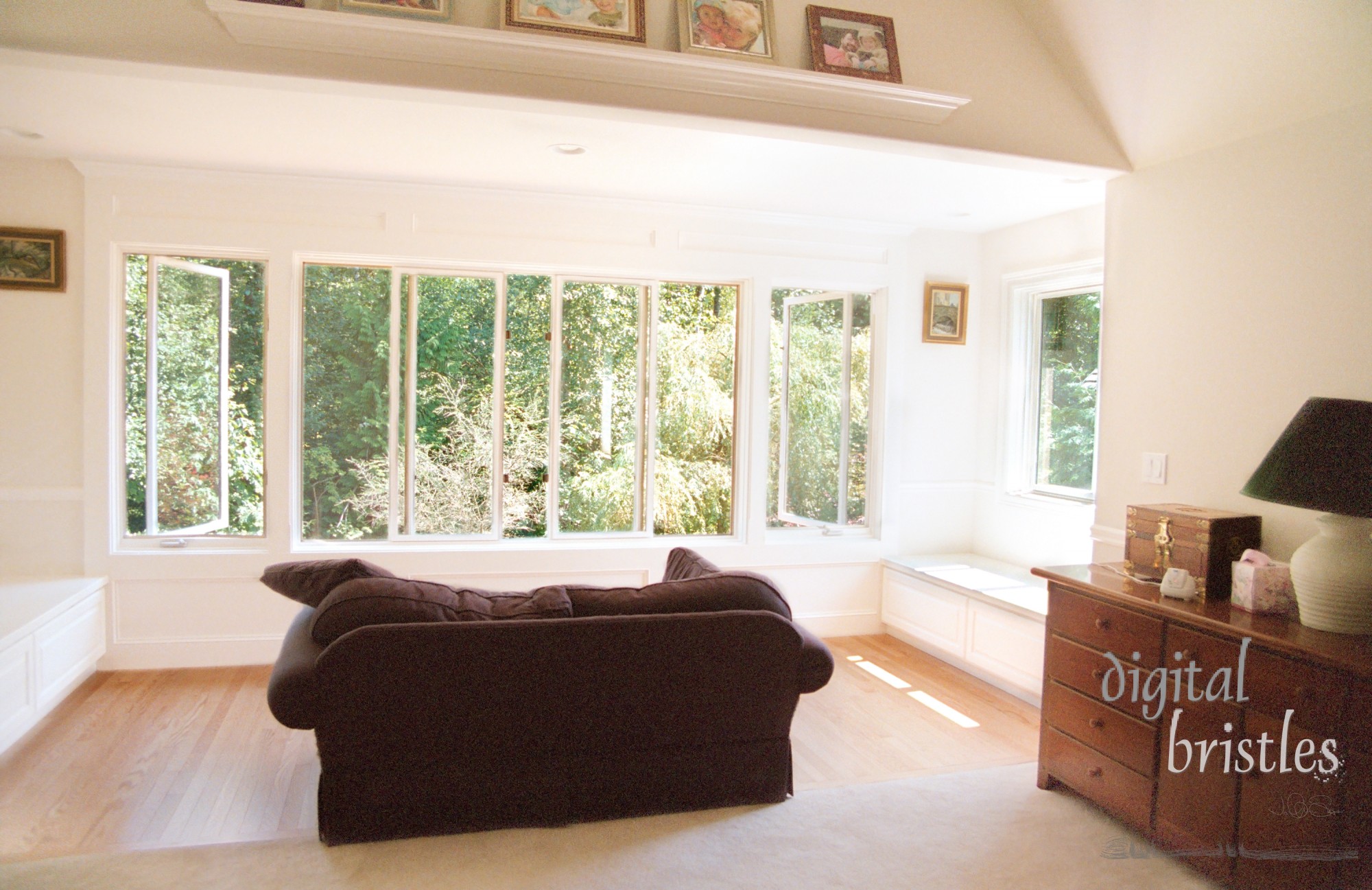 Bedroom extension finished. Window seats, drawers and wood flooring. Note scanned from 35mm film 