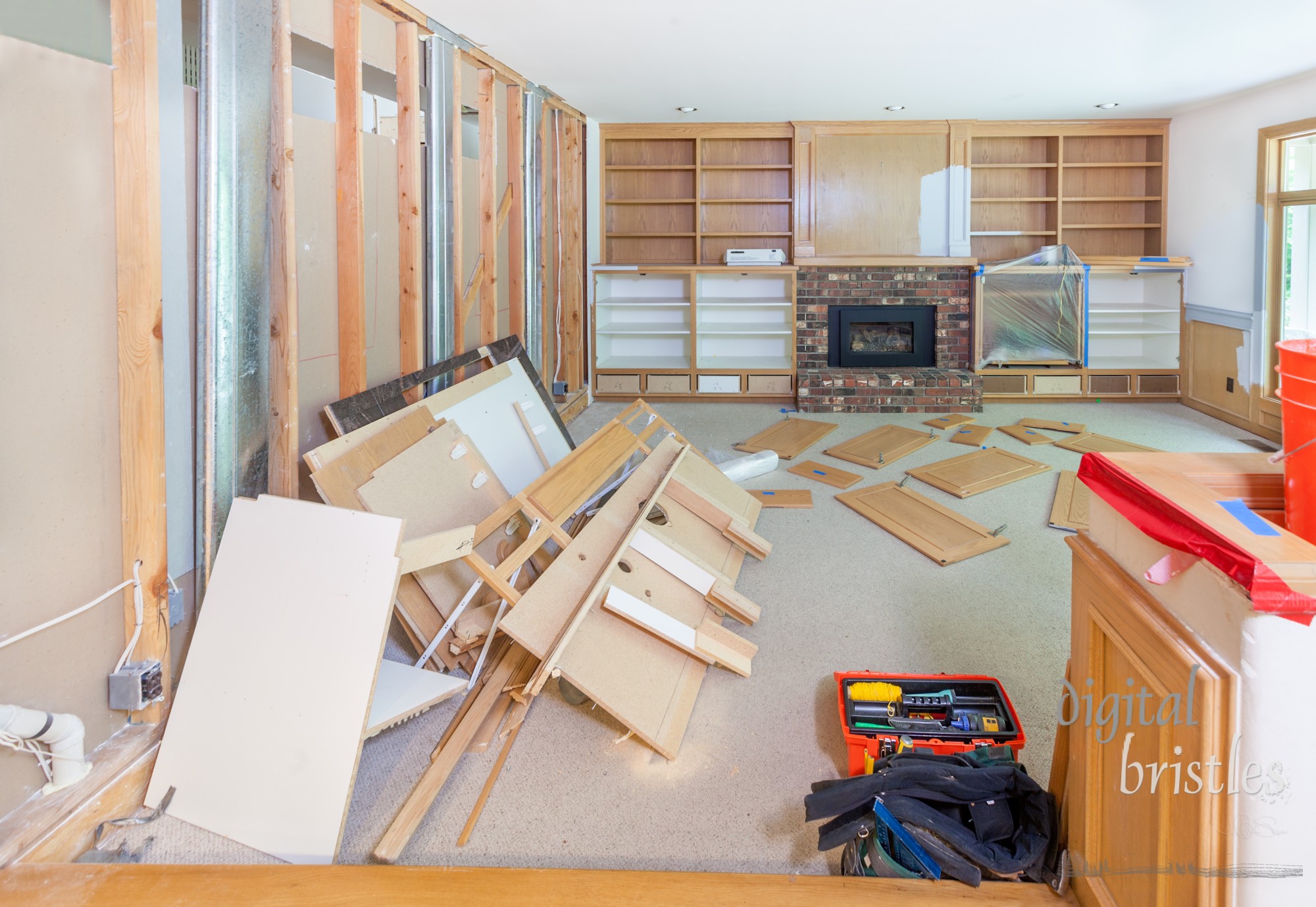 Family room being stripped in preparation for remodel