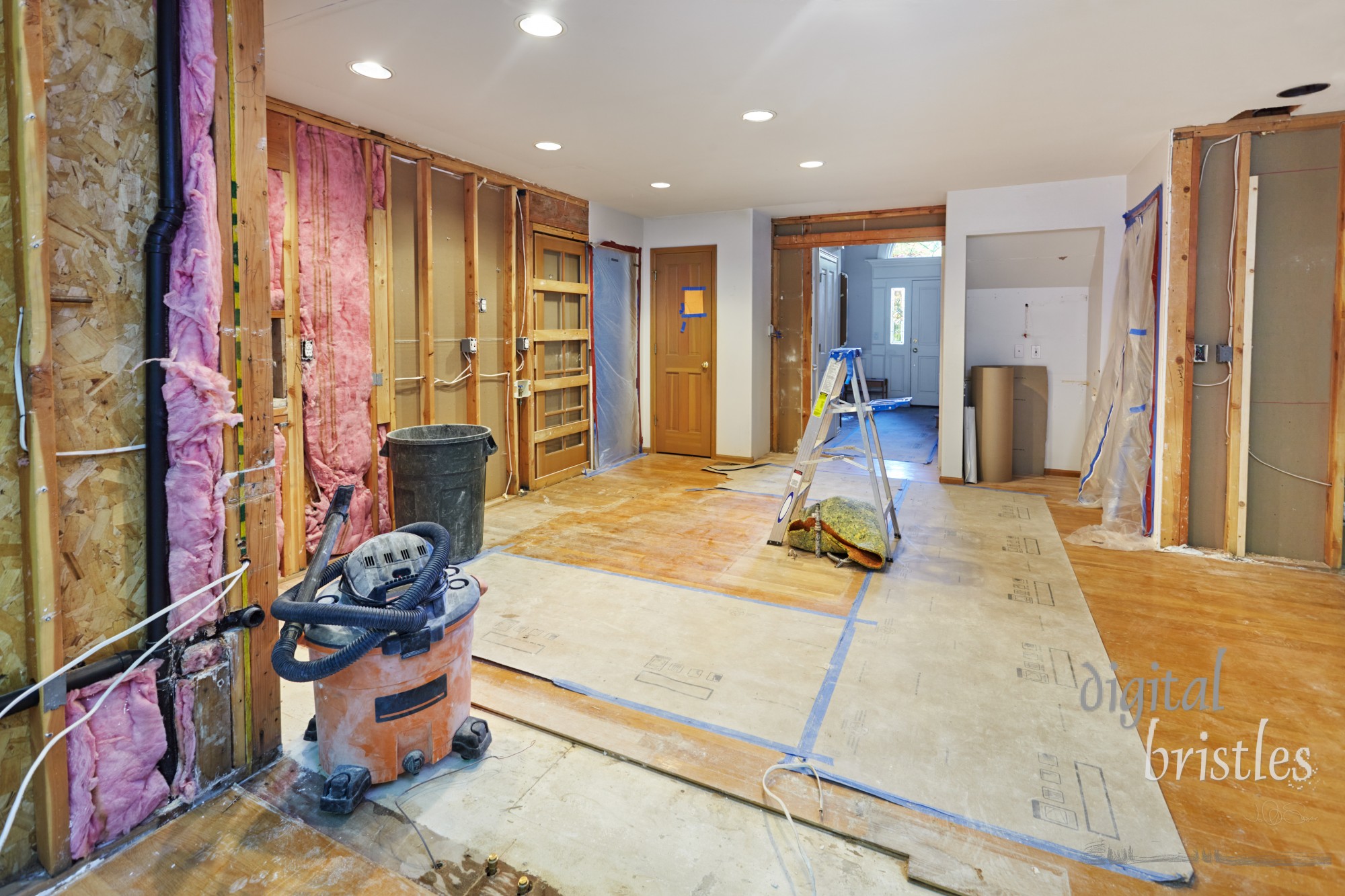 Existing kitchen walls, counters, cabinets and windows removed, ready for the renovation to begin