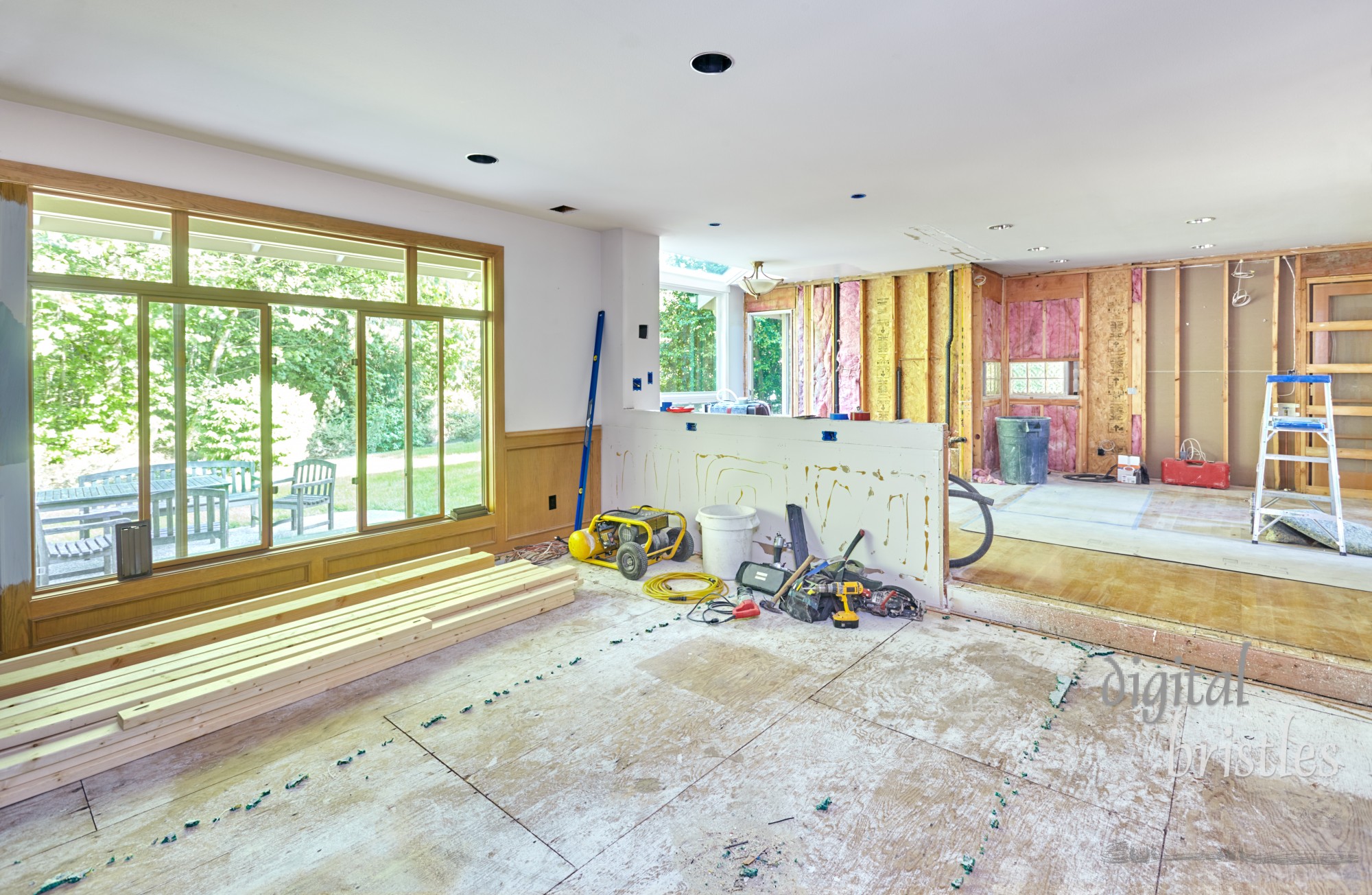 Existing kitchen and family room demolition in preparation for remodeling