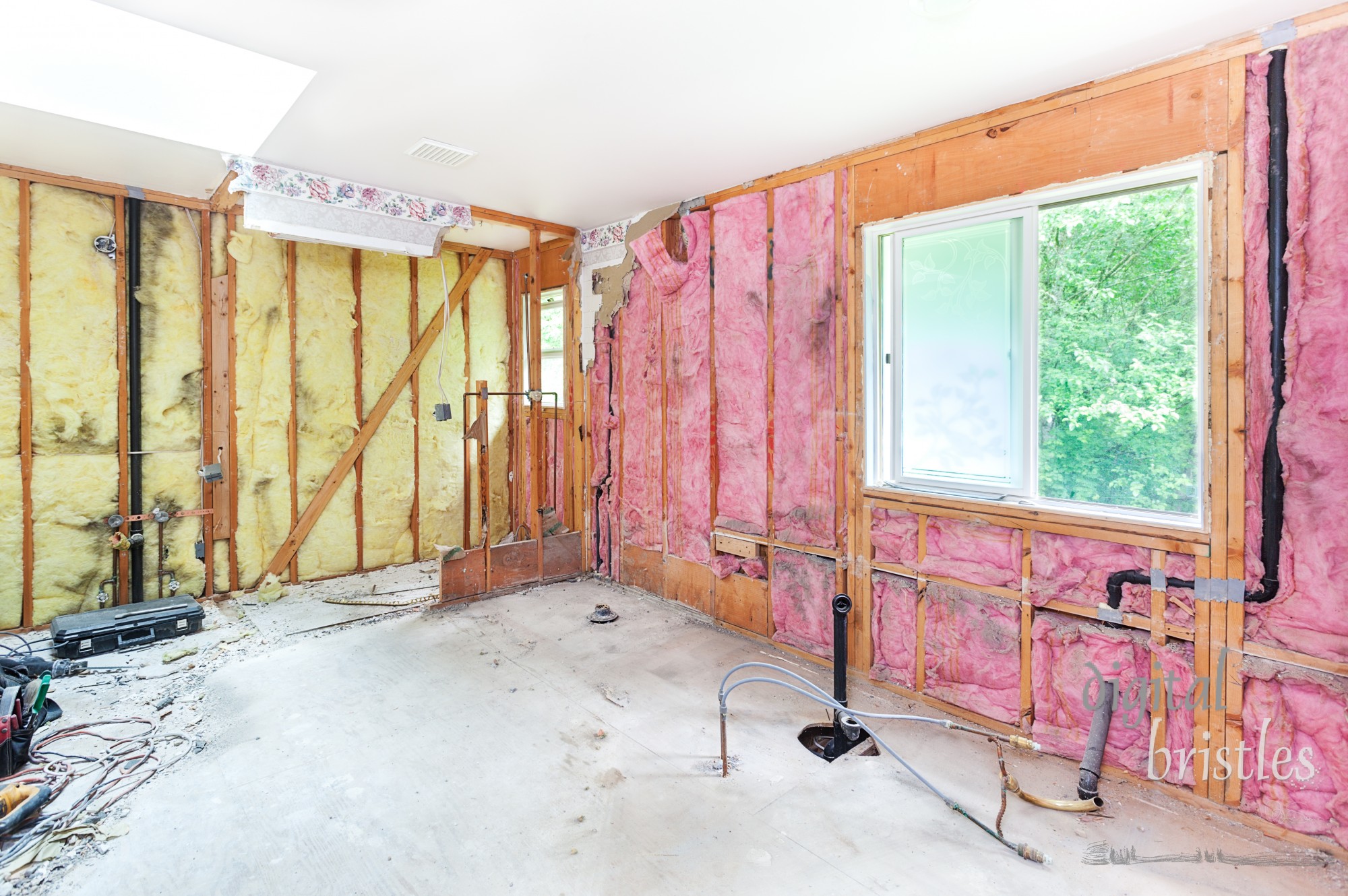 Master bathroom demolished leaving studs, insulation and plywood subflooring