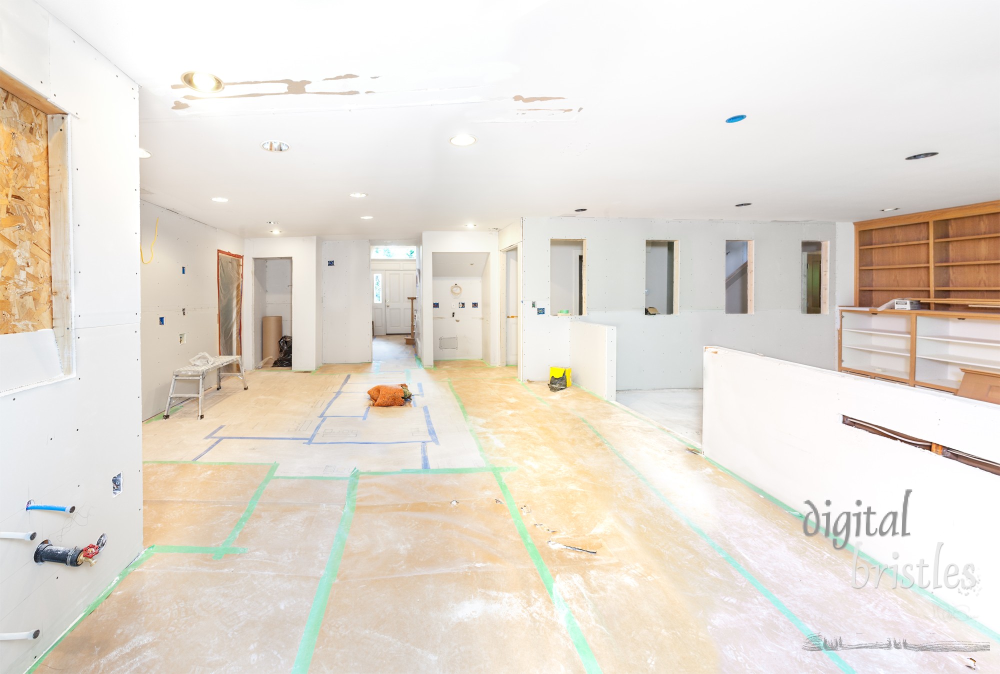 Drywall hung in kitchen and family room remodeling project