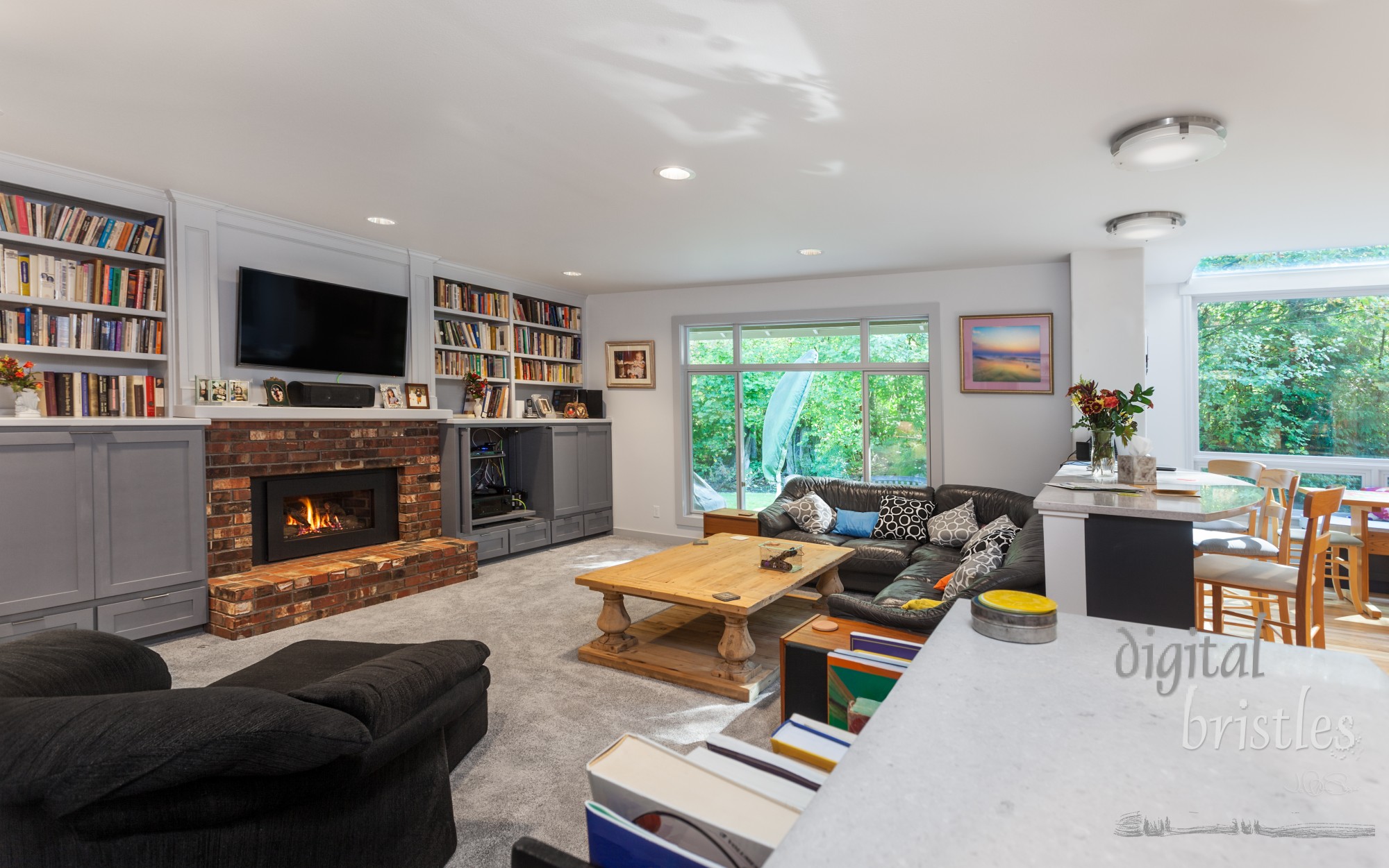 Fire lit in the remodeled family room