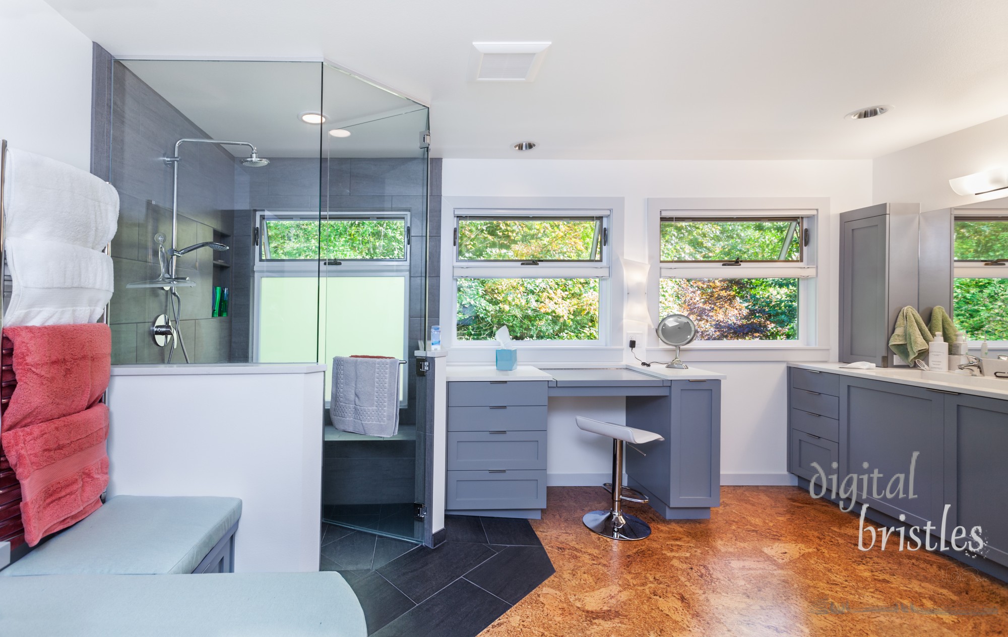 Remodel of light and airy master bathroom with custom tiled shower and cork flooring completed