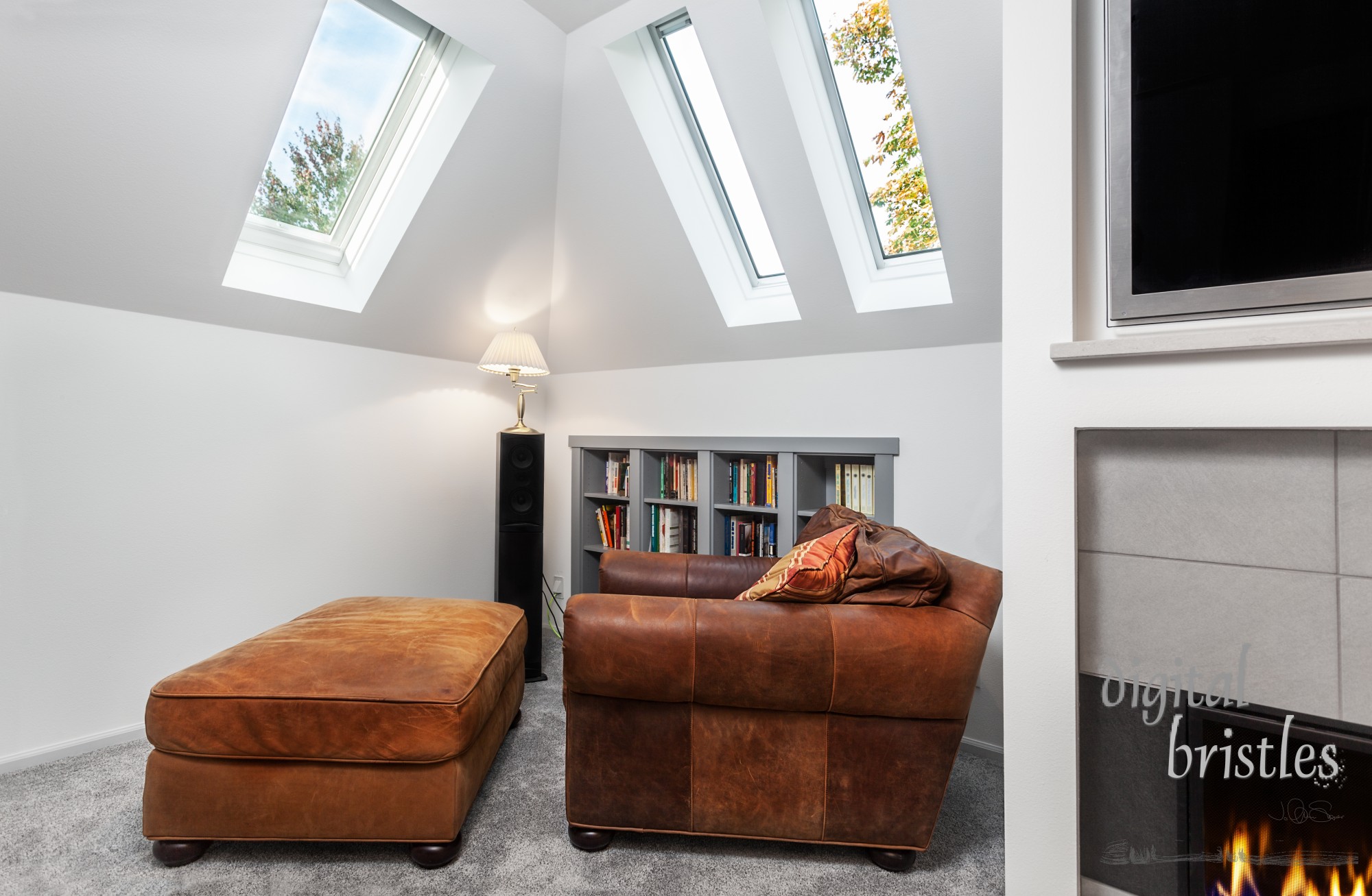 Reading corner under the skylights in remodeled media room