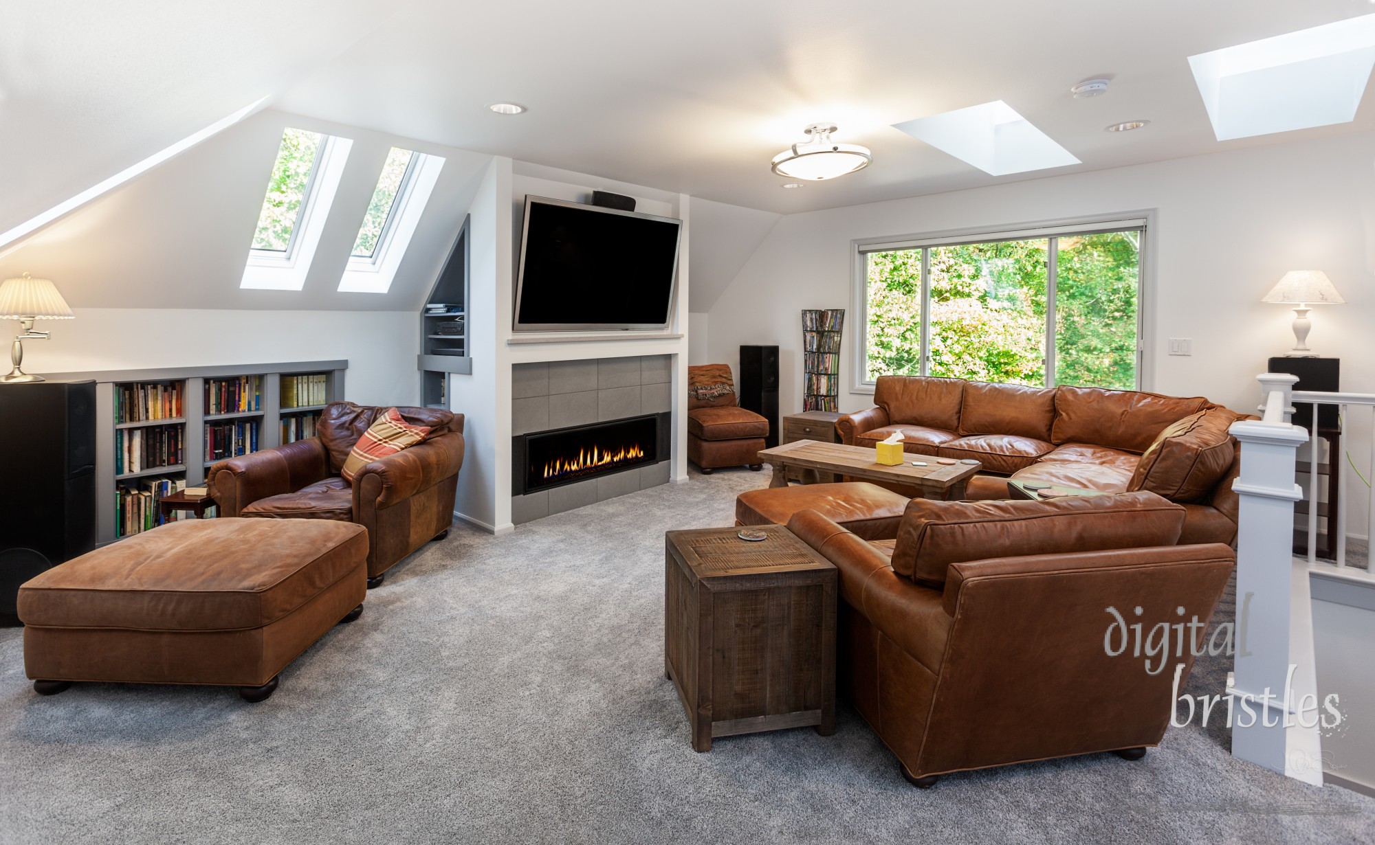 Reading corner under the skylights in remodeled media room