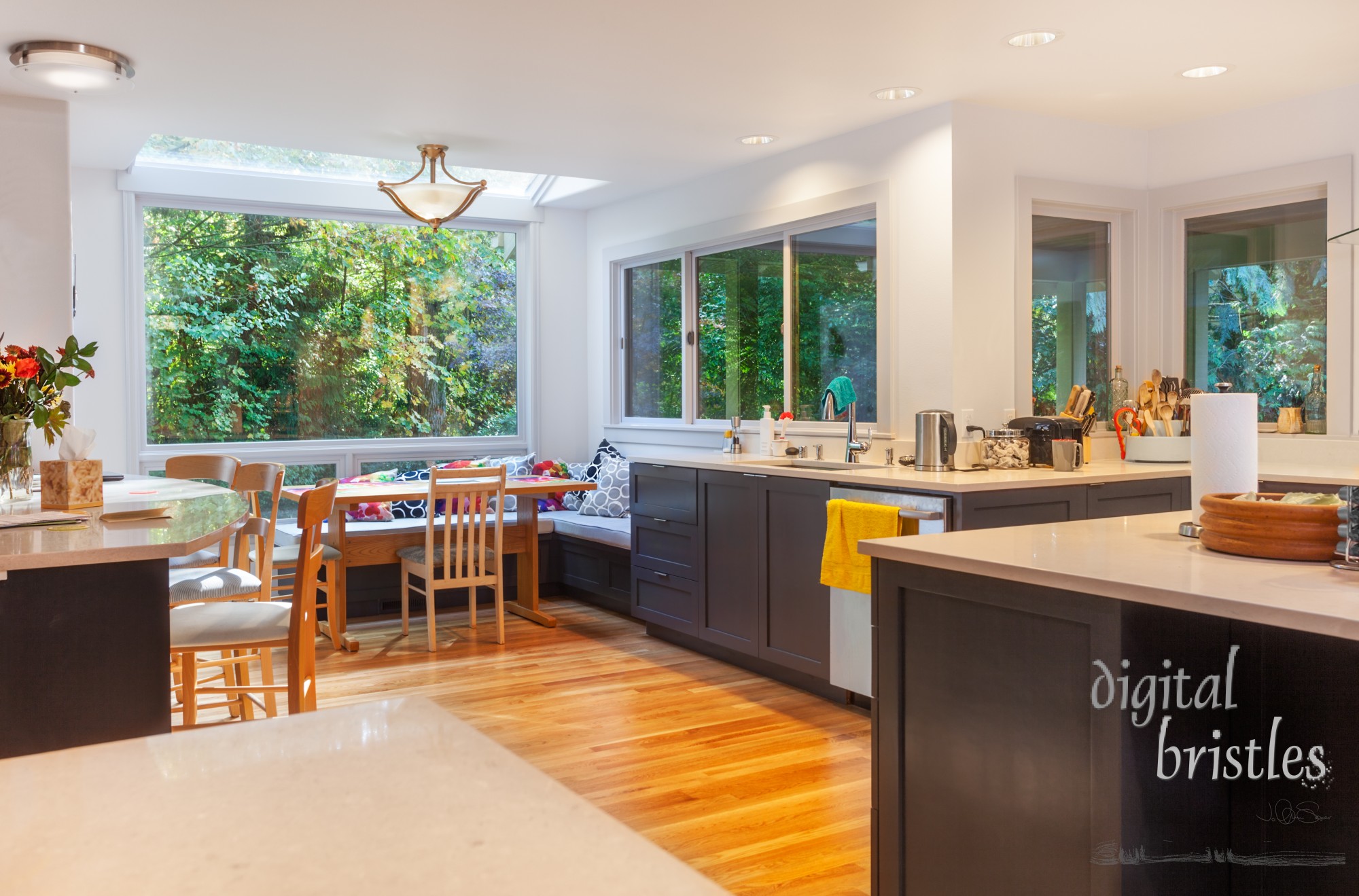 Sunny morning in eating area in remodeled kitchen