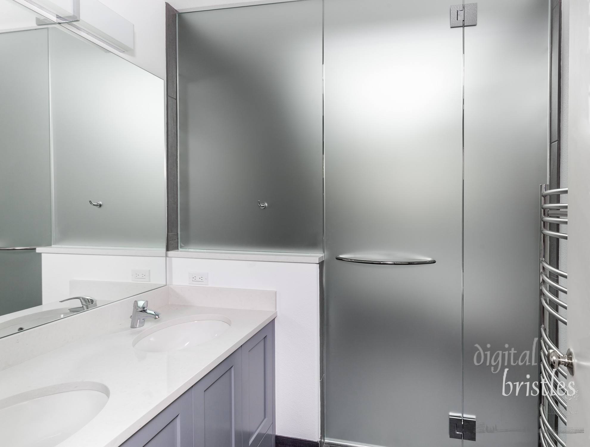 Wet room frosted glass walls and door installed in remodeled bathroom