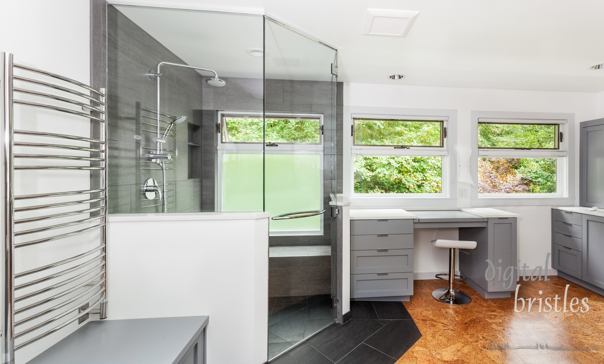 Glass above pony wall and full height door with towel bar installed