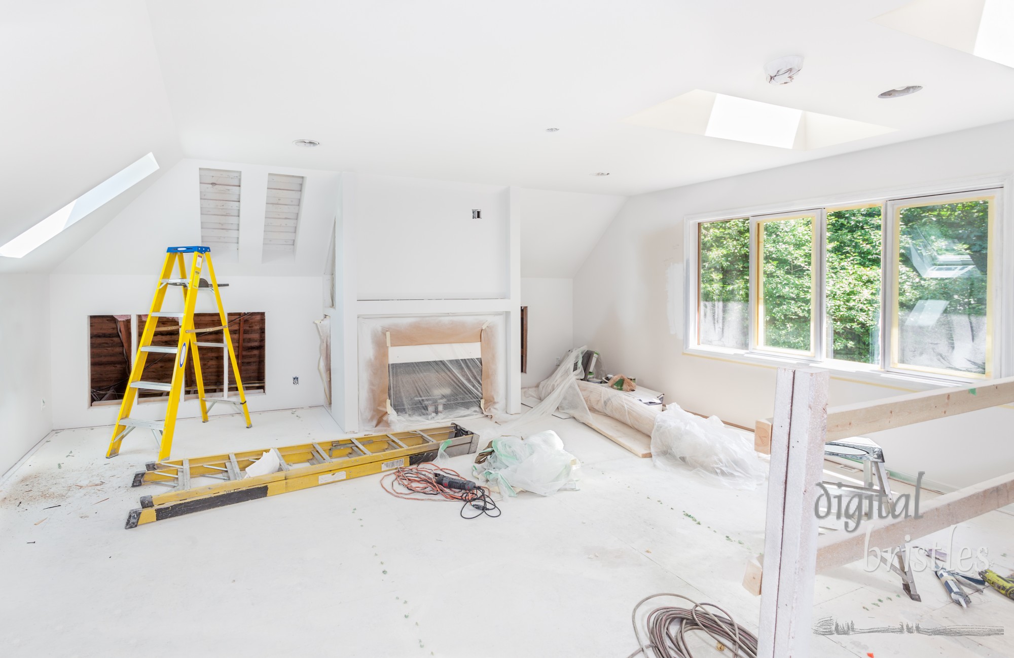 One skylight installed with interior cutouts finished on two more. Fireplace and cabinet cutouts complete