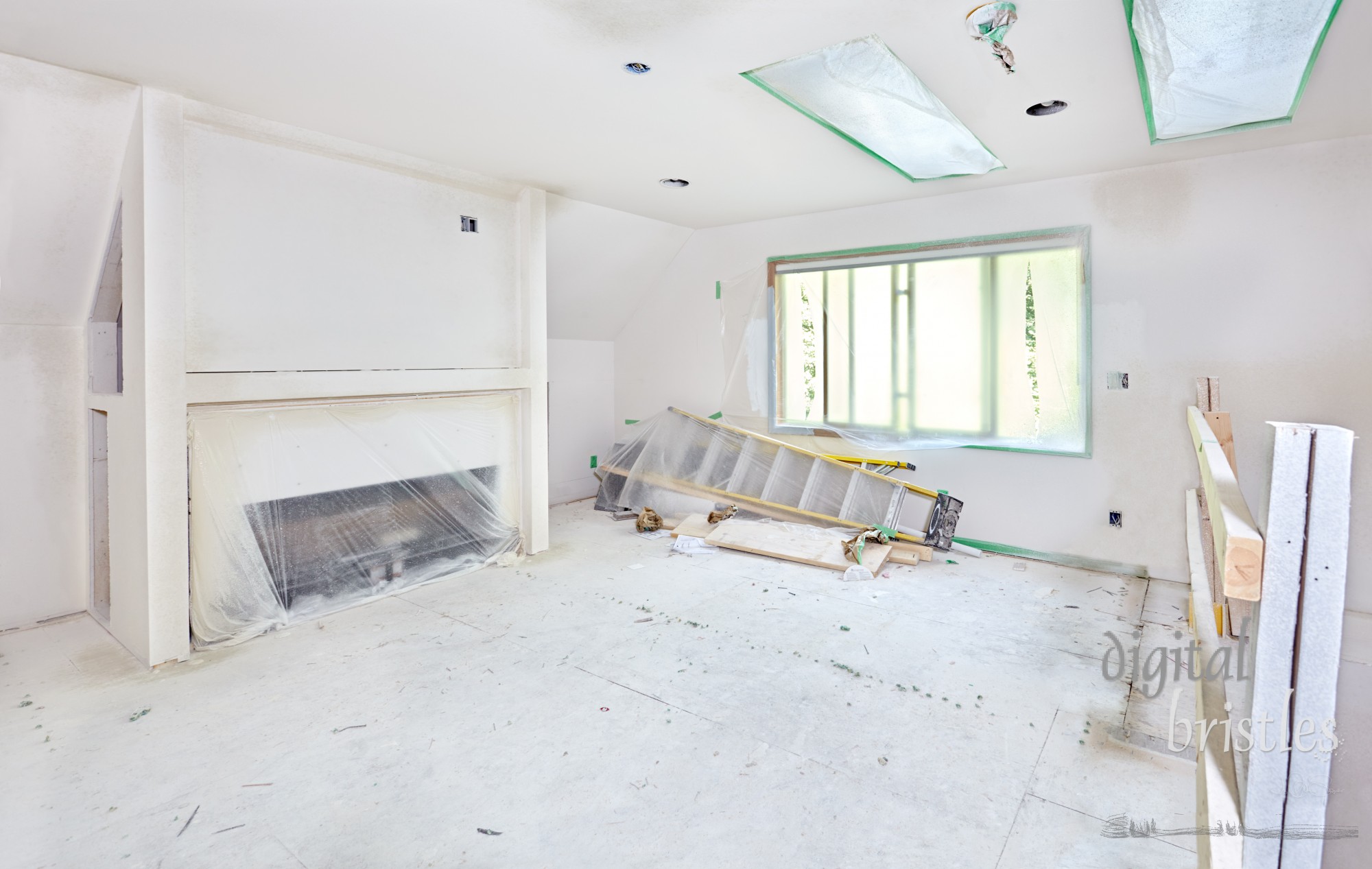 Splatters of drywall texture cover protective plastic wrap in media room and still-damp patches indicate more drying time needed