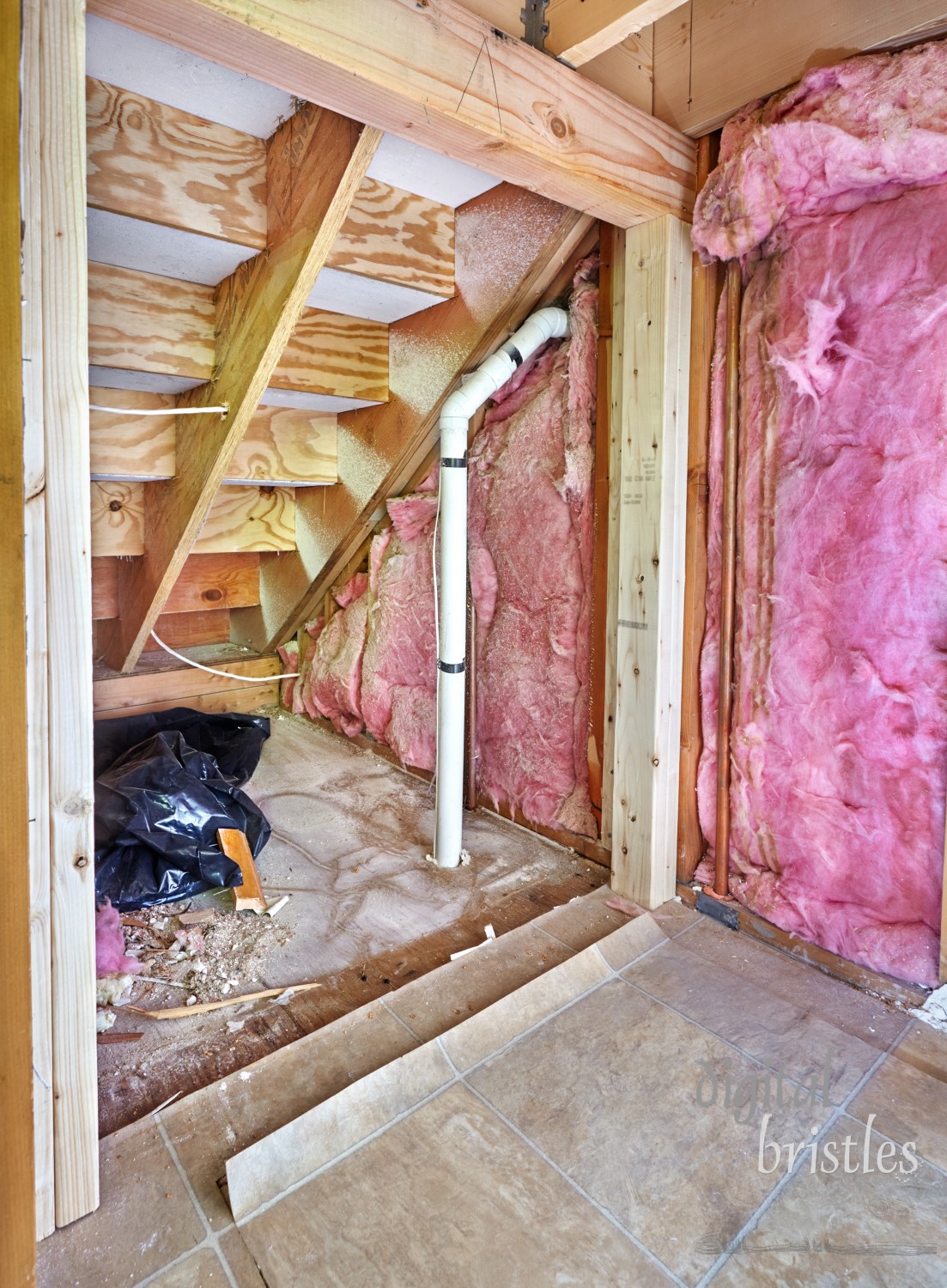 Reclaiming space under stairs for a network closet providing ethernet wiring to a two floor house. Framing the entrance.