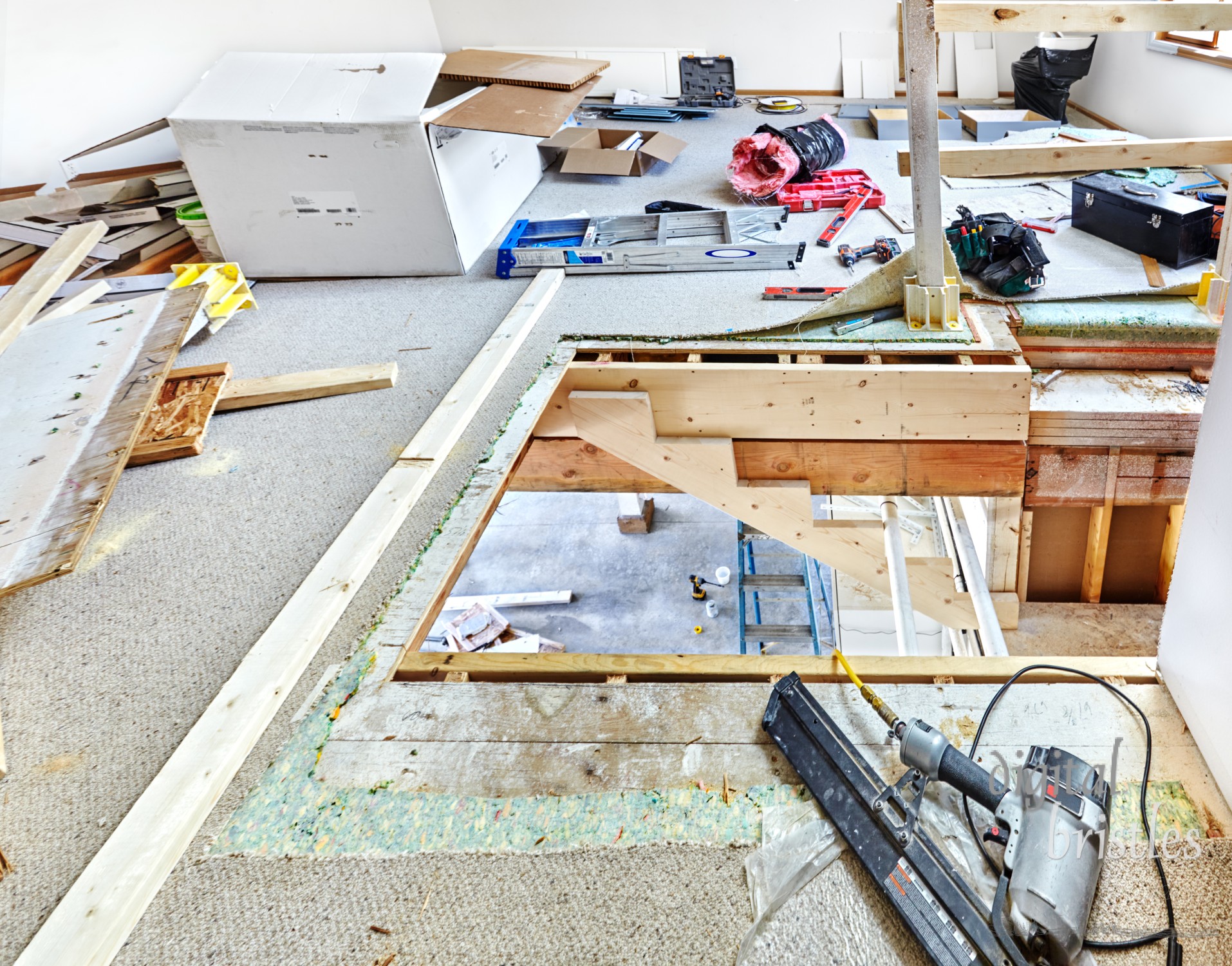 New top section of stars framed into media room. Wood, tools, boxes & debris scattered everywhere