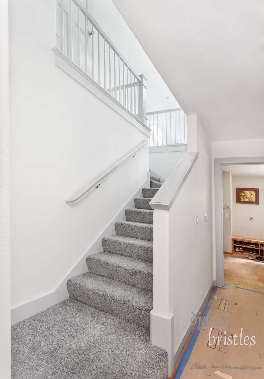 Stairs up into media room carpeted and railings painted