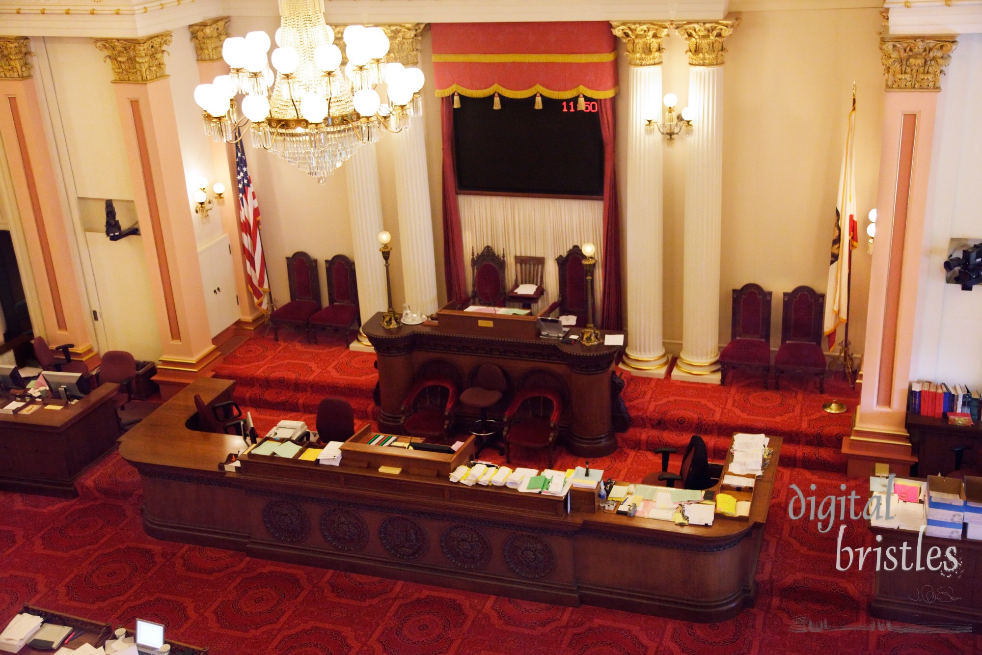 Cluttered desks in the California State Senate chamber