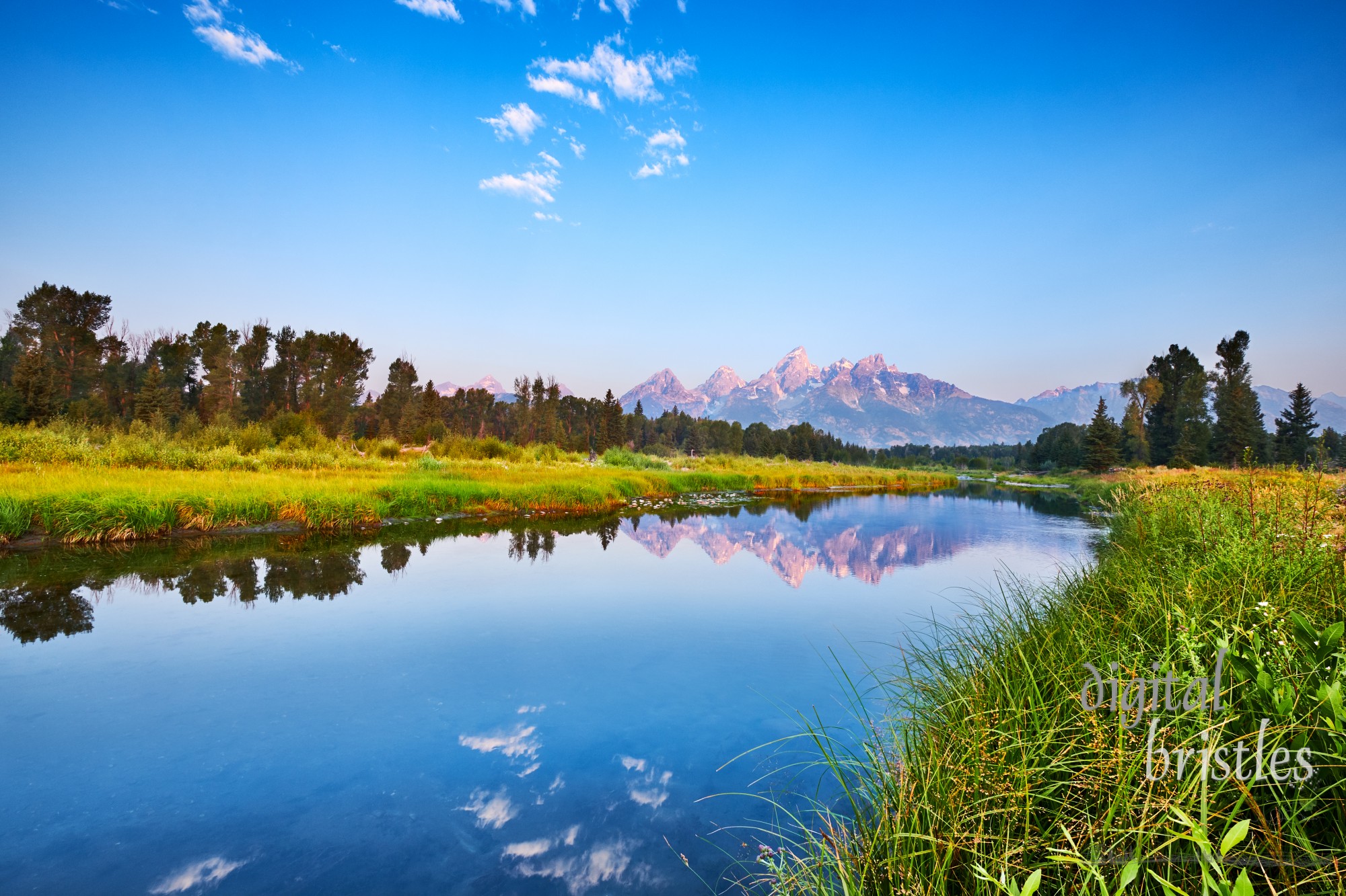 The Tetons reflected in the Snake River - Schwabacher's Landing at sunrise early on a Summer morning