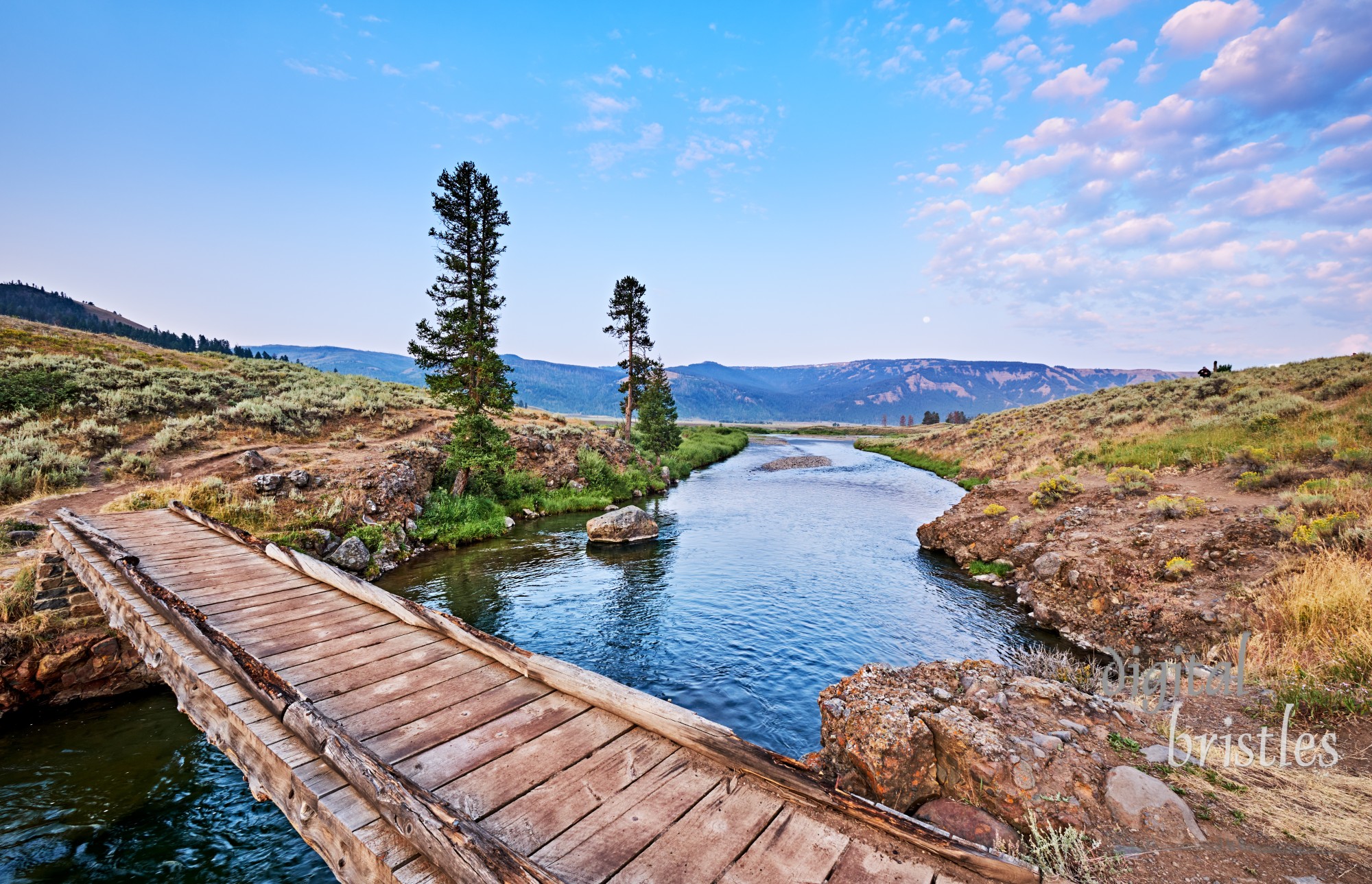 Footbridge over Soda Butte Creek. Trailhead in the Lamar Valley, Yellowstone National Park,  Wyoming