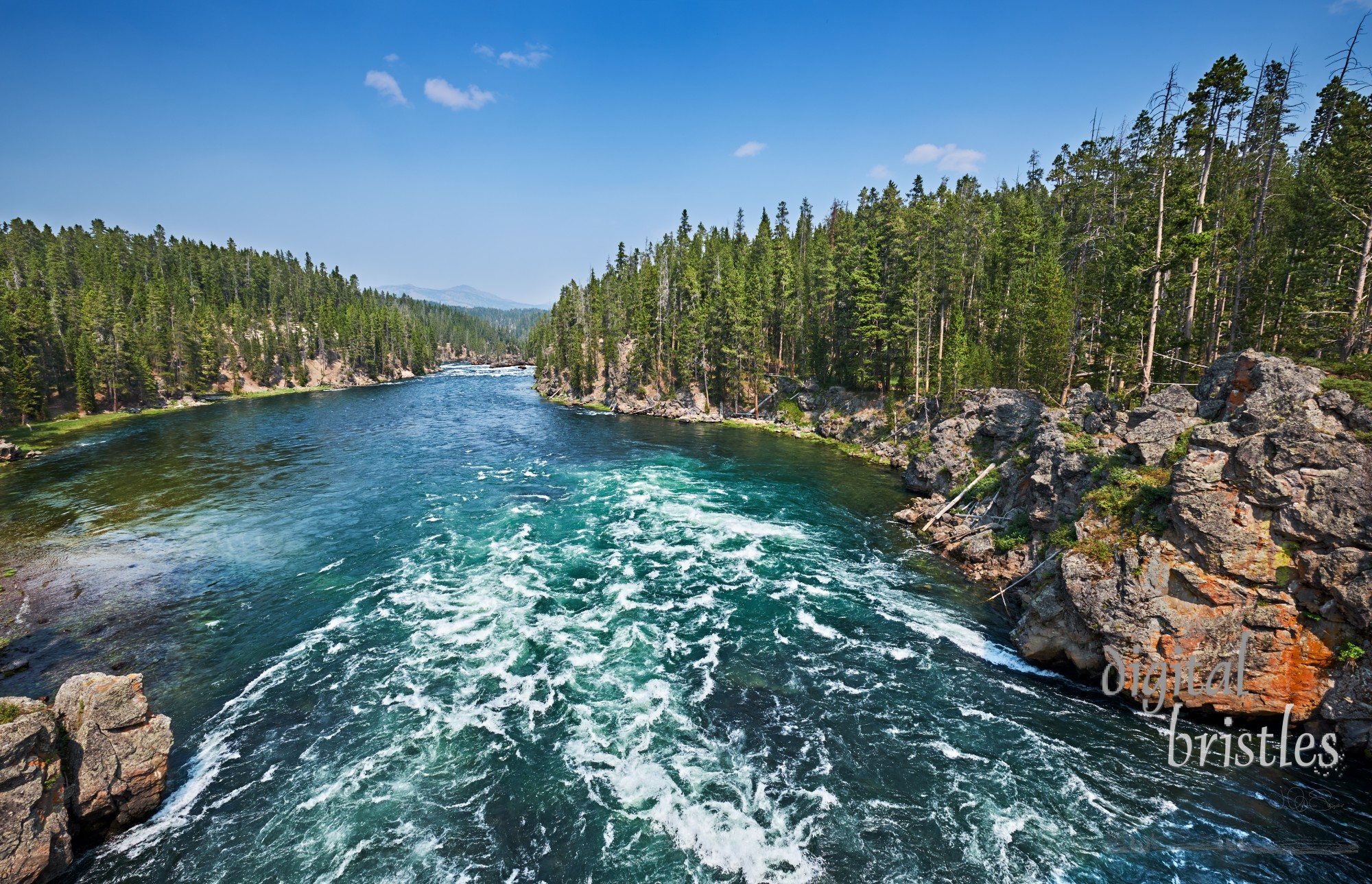 Yellowstone River from South Rim Drive Bridge - looking towards Upper Falls. Yellowstone National Park, Wyoming