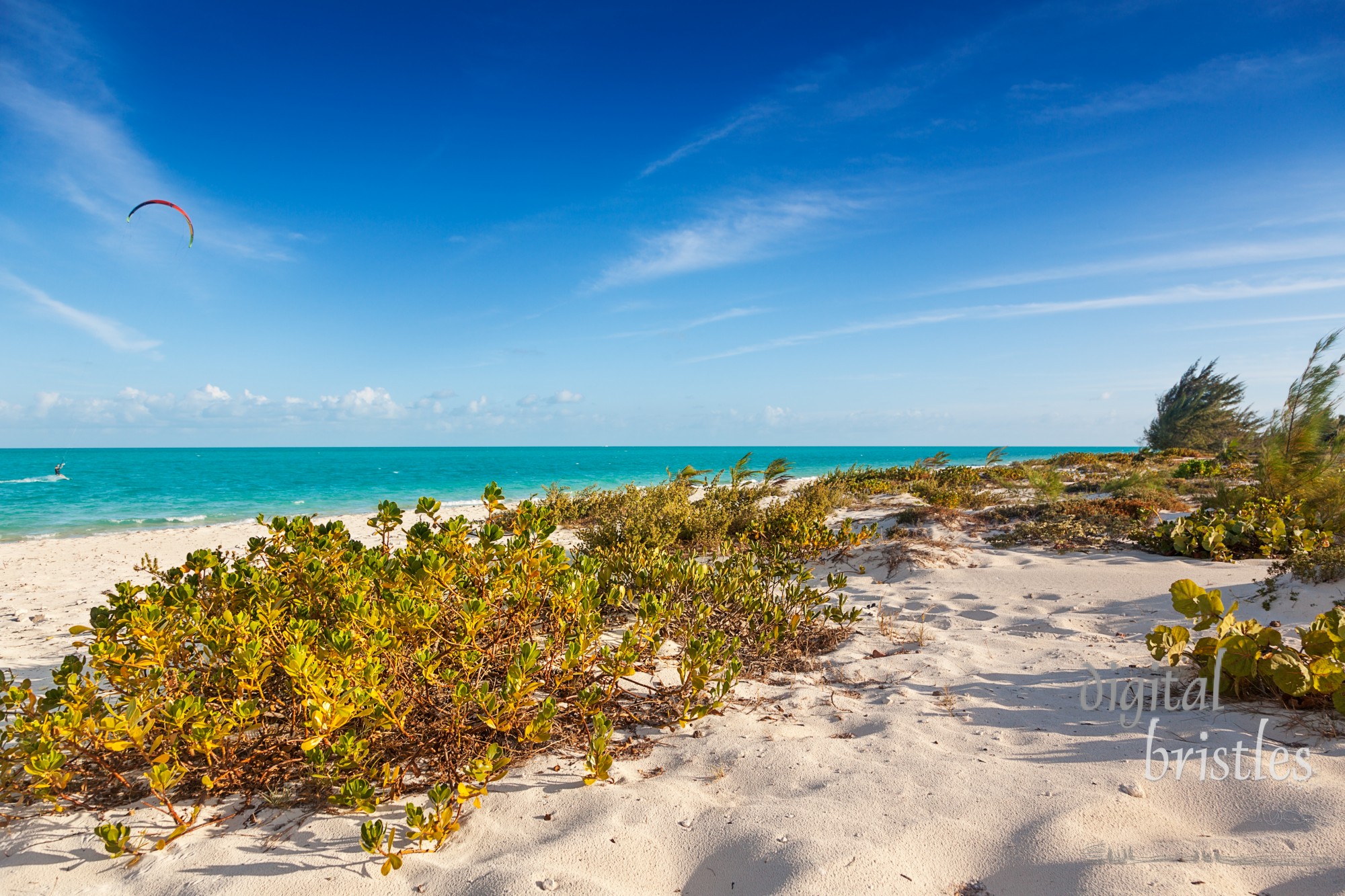 Long Bay Beach, Providenciales, Turks and Caicos, is the favorite beach for kite surfers because of strong winds