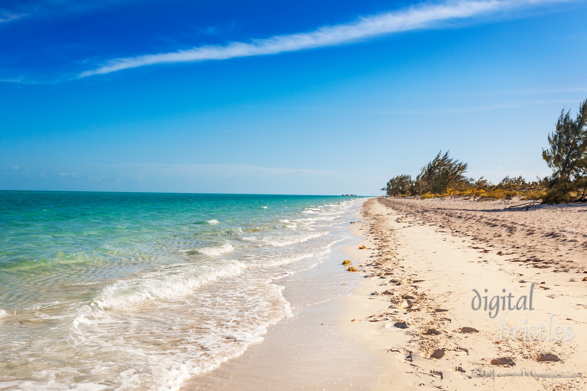 Hoofprints in the sand and a distant group of riders headnig down Long Bay Beach on a sunny afternoon in Providenciales, Turks and Caicos