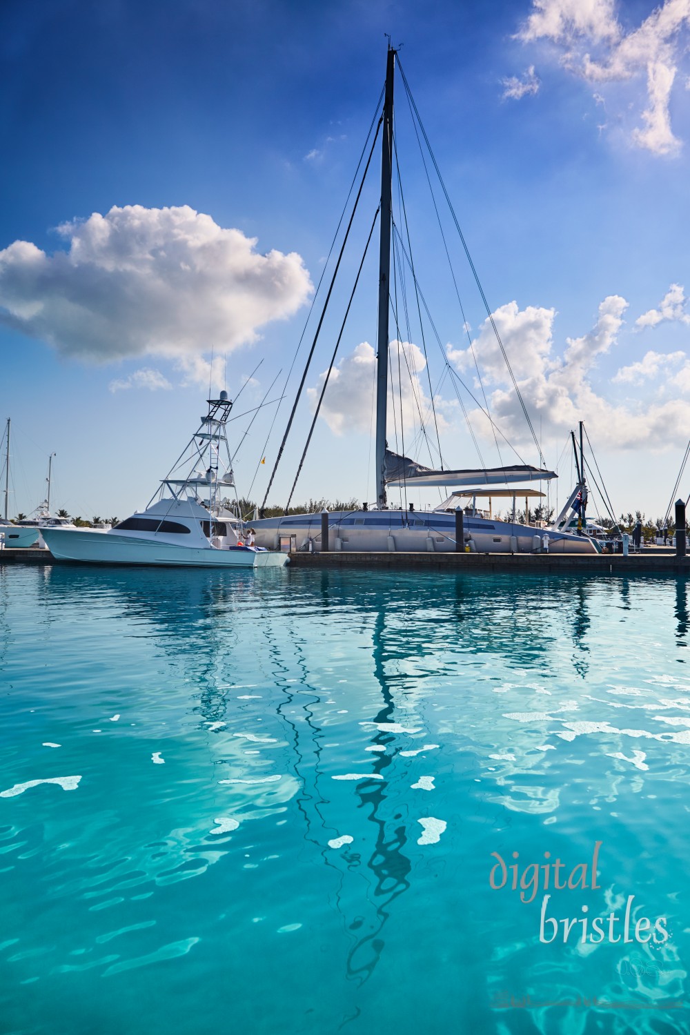 Closeup of docks at Blue Haven Marina from the water, Providenciales, Turks and Caicos 