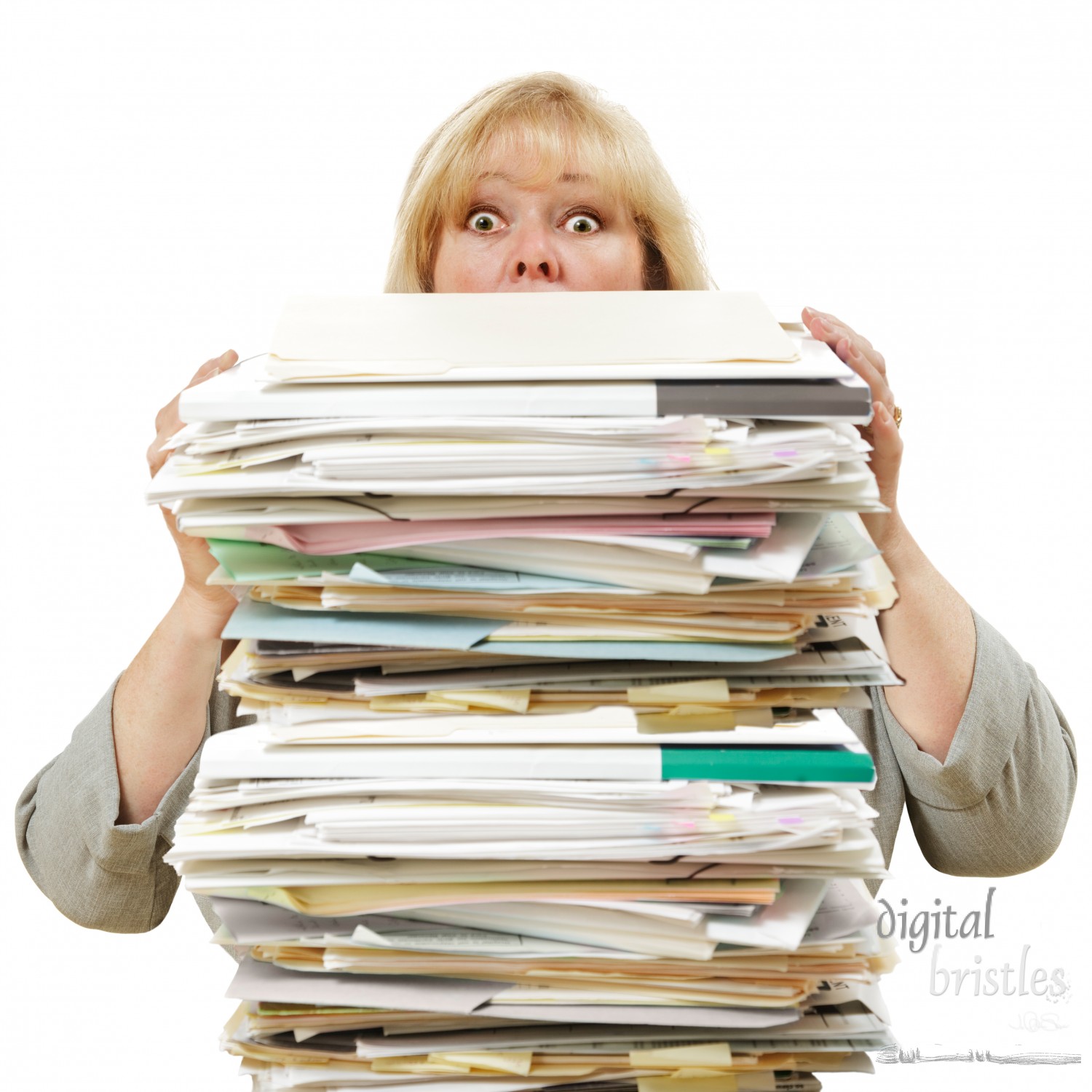 Mature woman almost buried by a mountain of paperwork